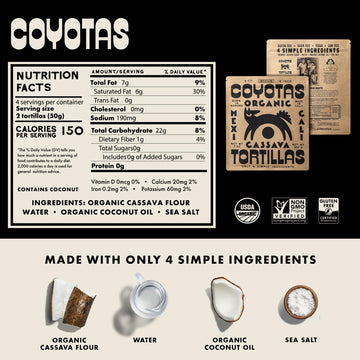 Coyotas Organic Cassava Tortillas - Grain-Free, Gluten-Free, Vegan, Paleo, Medium 6 Inch, 24 Tortillas Total (3 Packs)