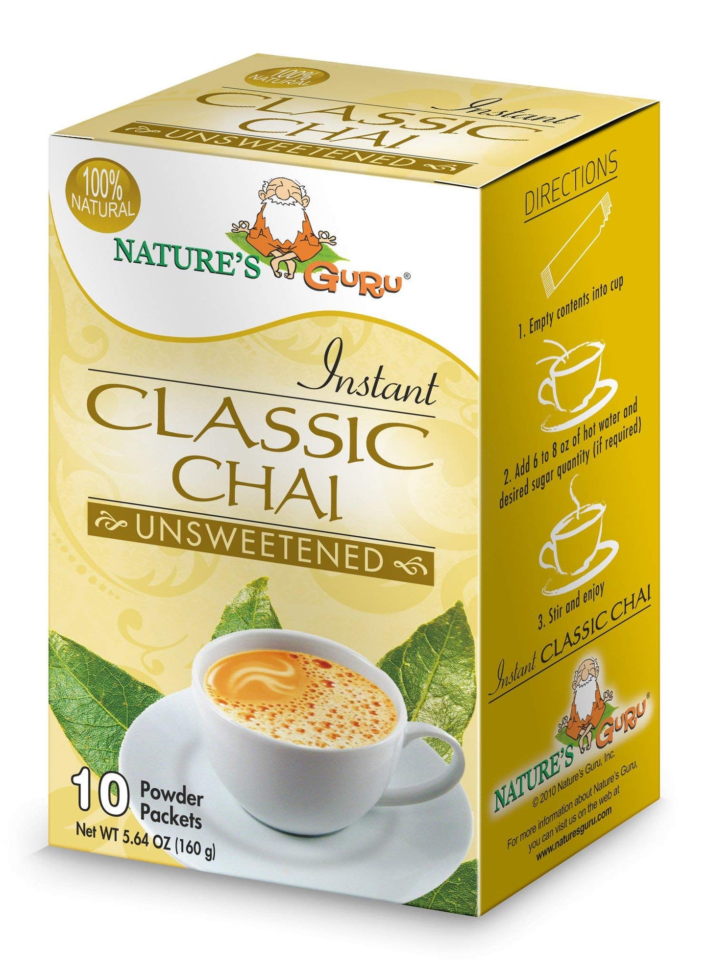 Natures Guru Instant Classic Chai Tea Drink Mix, Unsweetened, 10 Count Single Serve Packets, 0.71 Ounce (Pack of 8)
