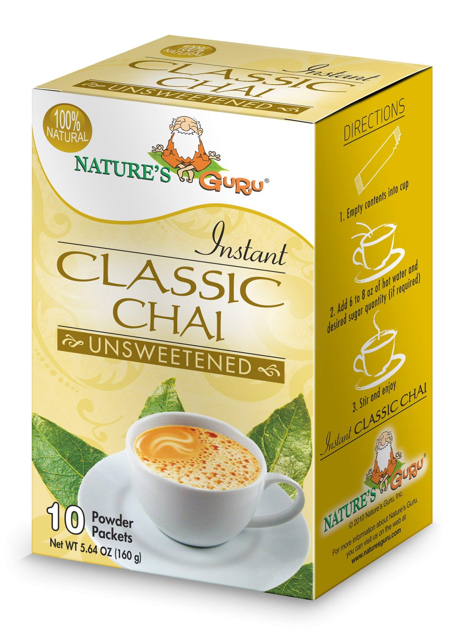 Natures Guru Instant Classic Chai Tea Drink Mix, Unsweetened, 10 Count Single Serve Packets, 0.71 Ounce (Pack of 8)