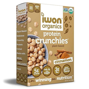 Iwon Organics Protein Crunchies - Plant-Based Protein Low Sugar Gluten & Dairy Free Non-Gmo Organic Breakfast Cereal - Cinnamon