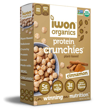 Iwon Organics Protein Crunchies - Plant-Based Protein Low Sugar Gluten & Dairy Free Non-Gmo Organic Breakfast Cereal - Cinnamon 