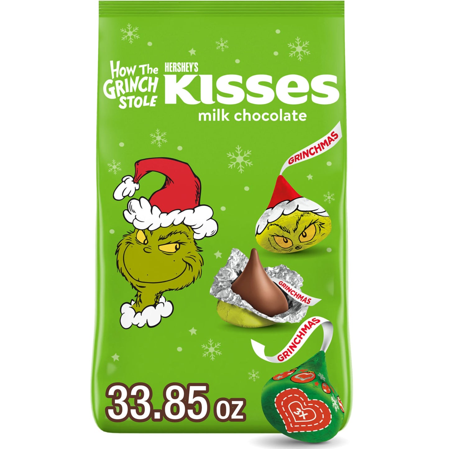 HERSHEYS KISSES Grinch Milk Chocolate  Christmas Candy Bulk Bag  33.85 oz