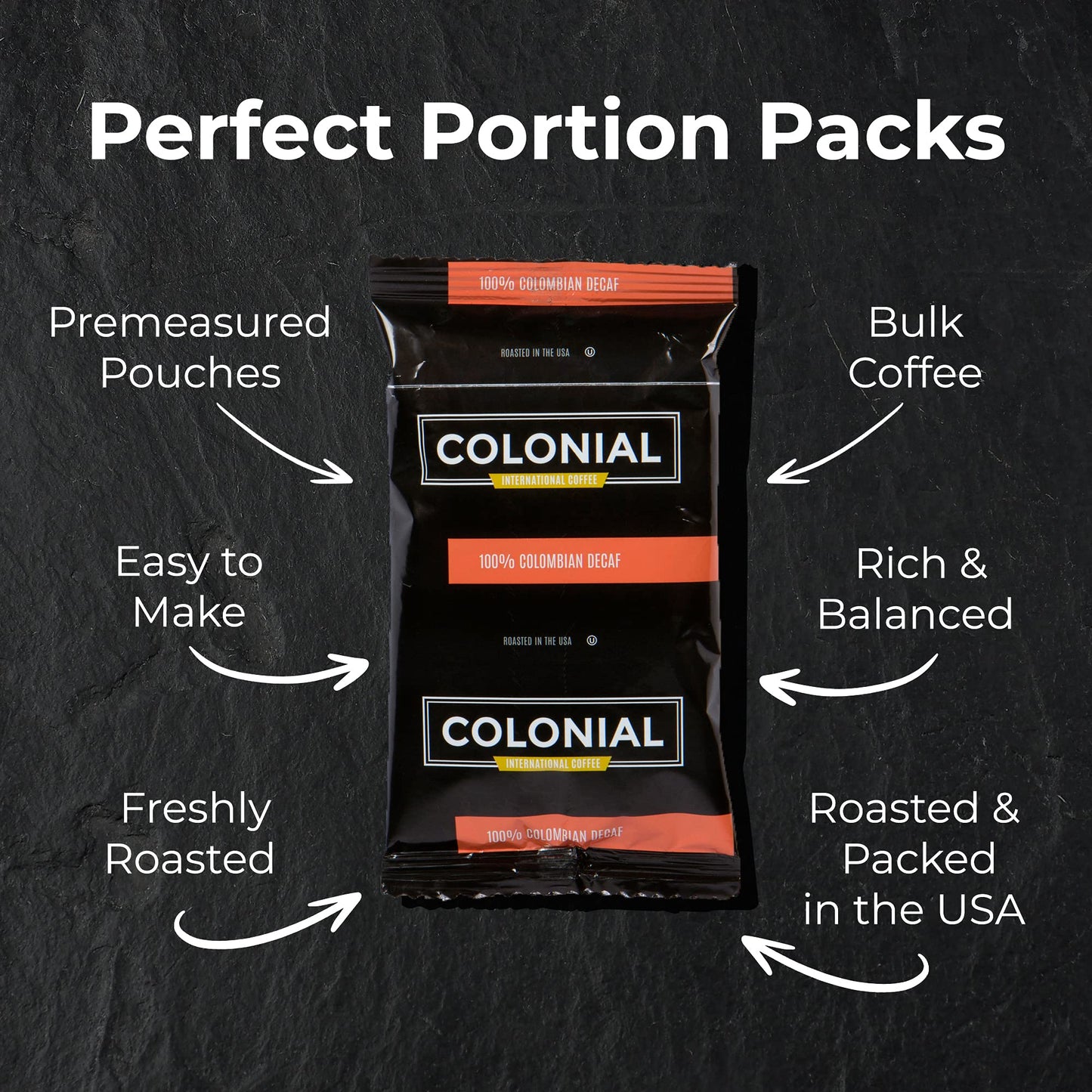 Colonial Coffee 100 Count Single Pot Coffee Packets - 100% Arabica Decaf Colombian Medium Roast | Pre-Measured Frac Packs for 12 Cup Maker | Bulk Ground Gourmet Coffee for Home & Office