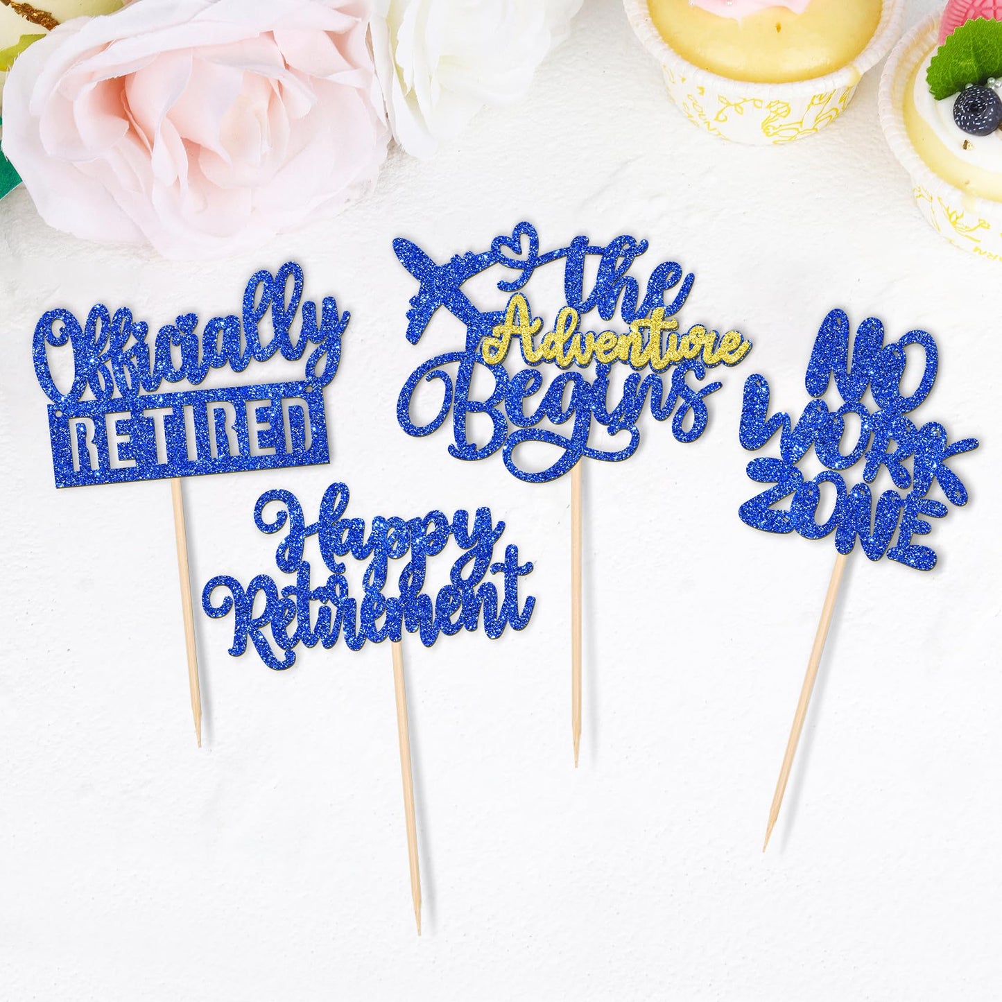 Rssta i Cupcake Toppers, 24 Pack Retirement Decoration, Glitter No Work Zone, Paper, 2.8 x 4.4 inches, Design 3 Blue
