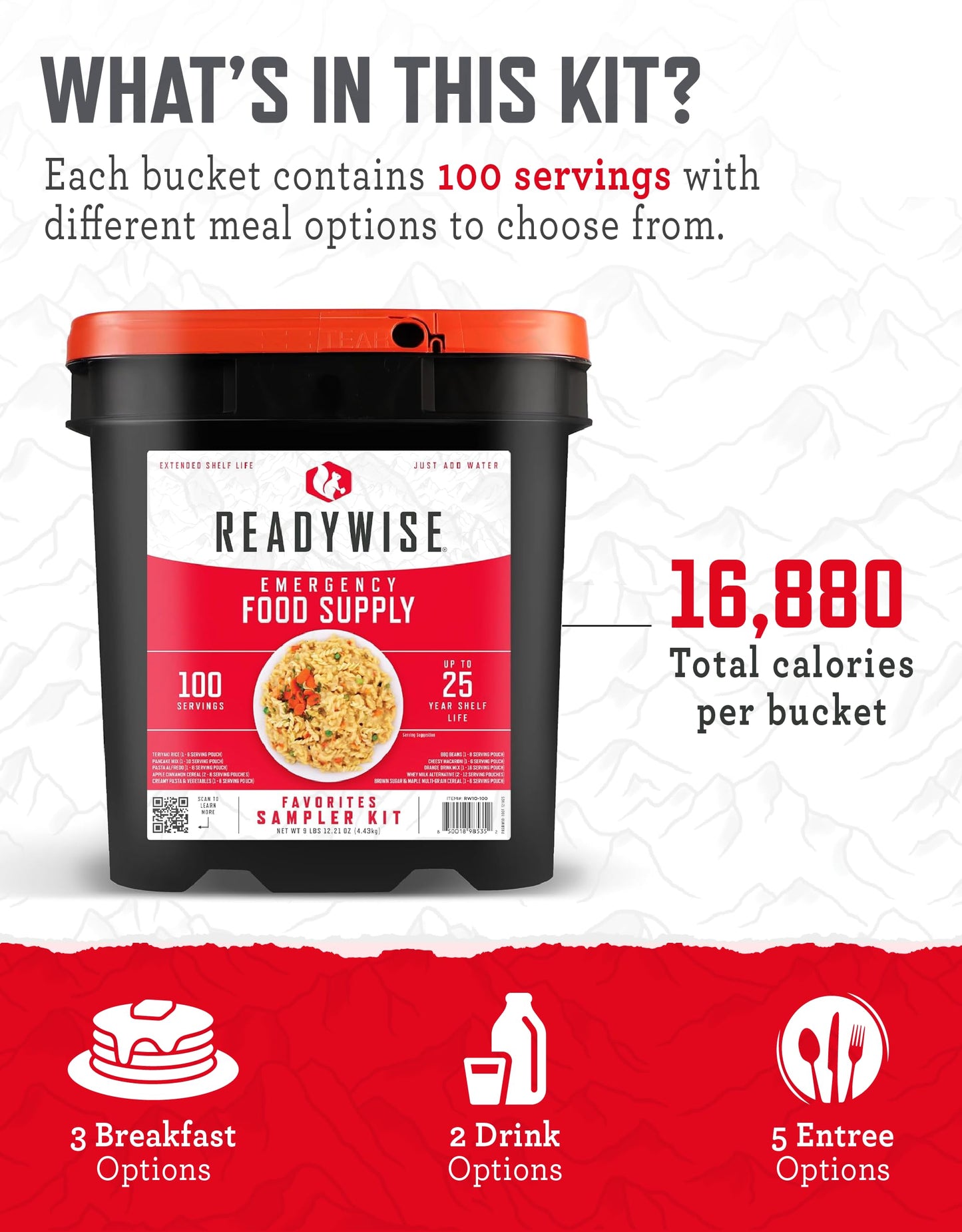Readywise -Favorites Sample Kit, 100 Servings, Mre, Emergency Food Supply, Premade, Freeze Dried Food, Survival Meal, Hiking, Ad