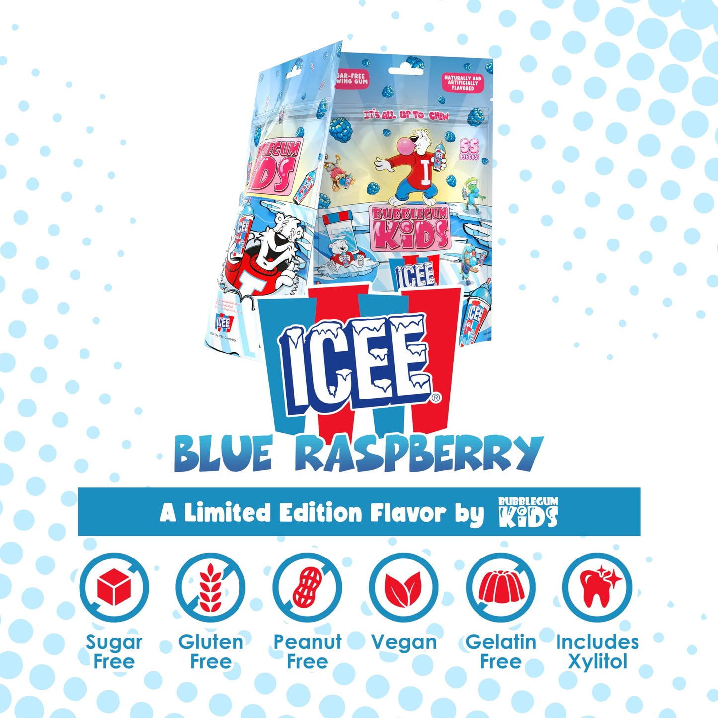 Bubblegum Kids ICEE Blue Raspberry Sugar Free Gum | Vegan, Low Calorie | 55 Count Pack | Blue