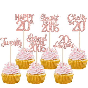 24PCS Rose Gold Happy 20th Birthday Cupcake Toppers Twenty Straight Outta 2005 Cupcake Picks Cheers to 20 Lengend Since 2005 Cak