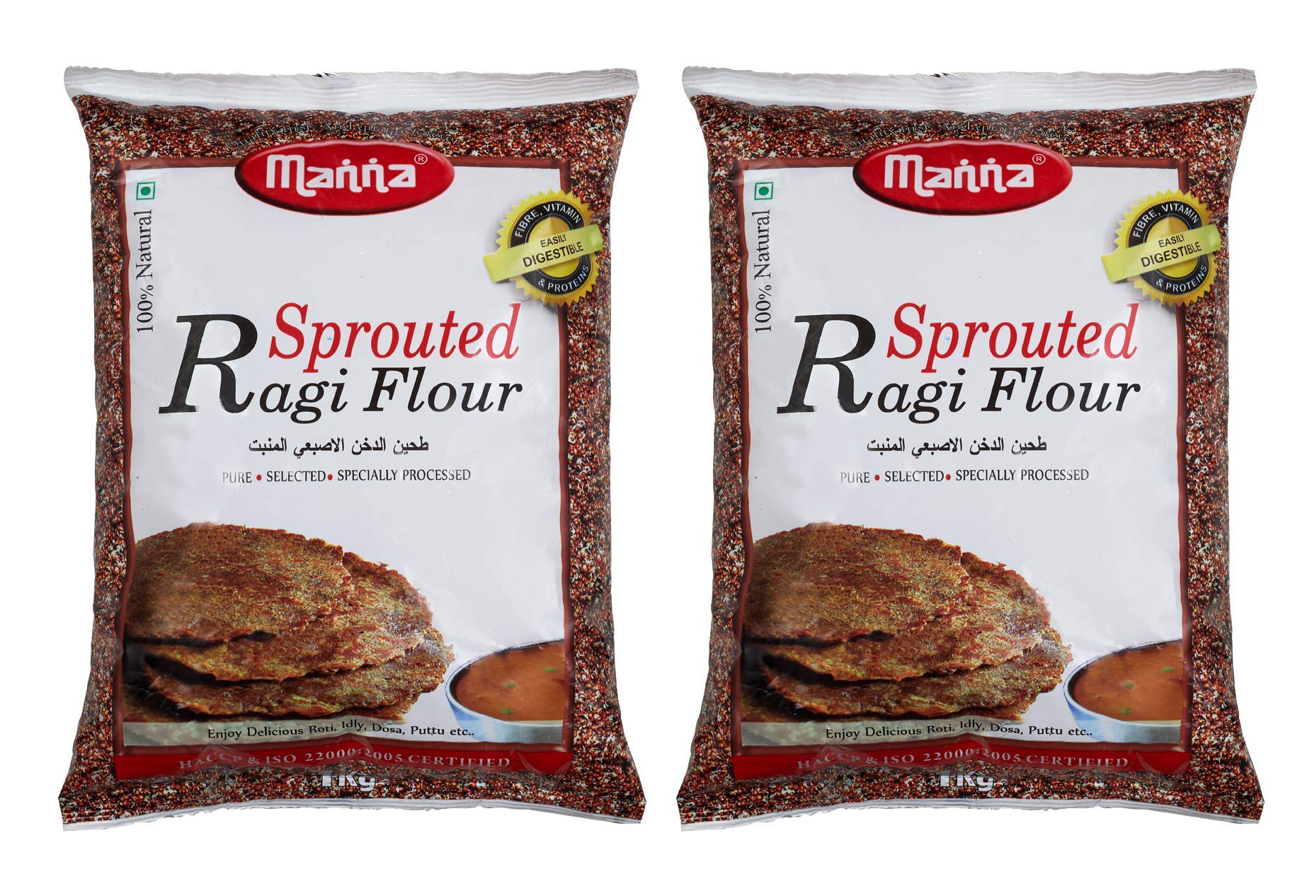 Manna Sprouted Ragi Flour 2Kg (1Kg X 2 Packs) | 100% Natural Sprouted Finger Millet Flour | Nachni Atta | Kelvaragu Flour | Rich