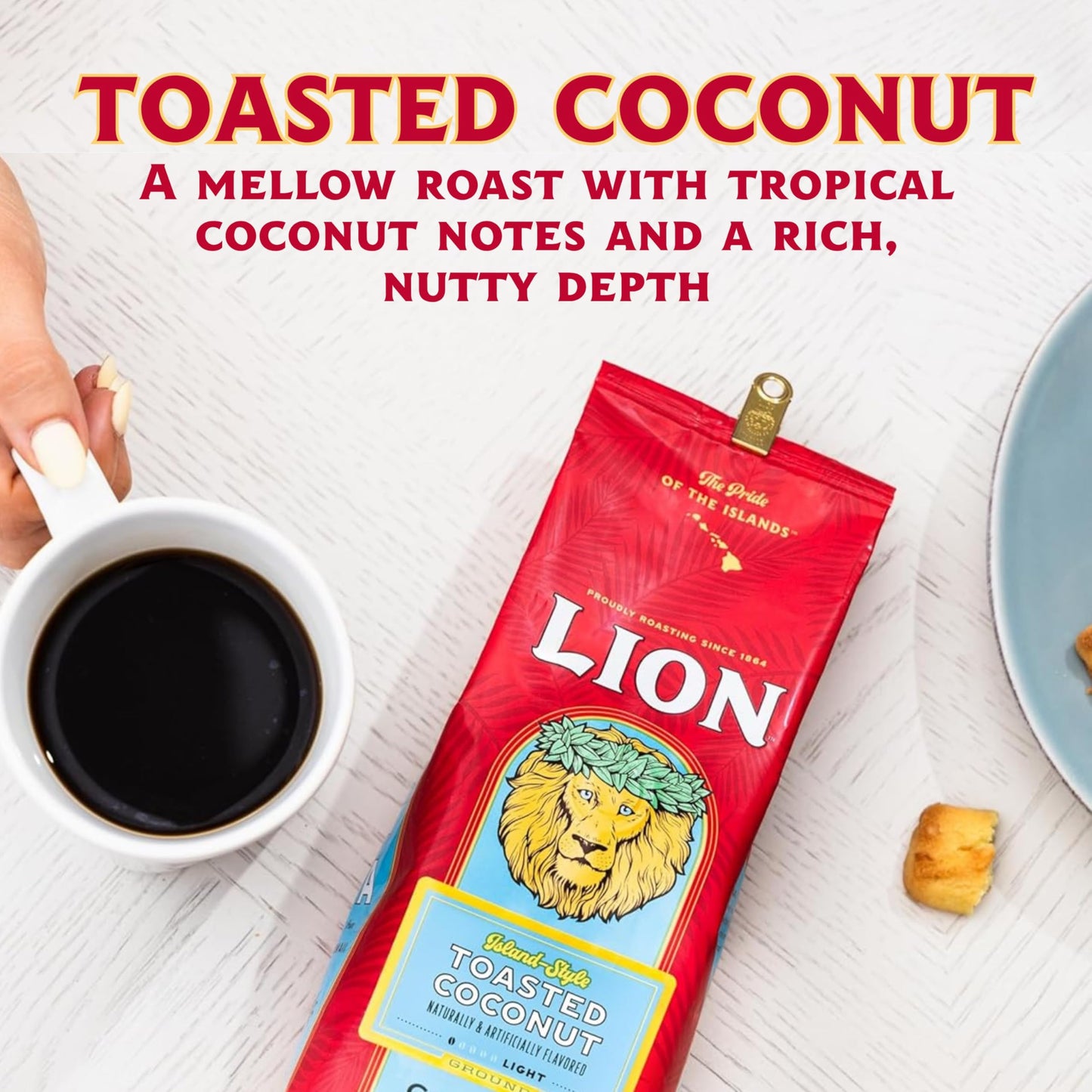 Lion Coffee Toasted Coconut Flavored Light Roast Whole Bean Coffee, 24 Ounce Bag