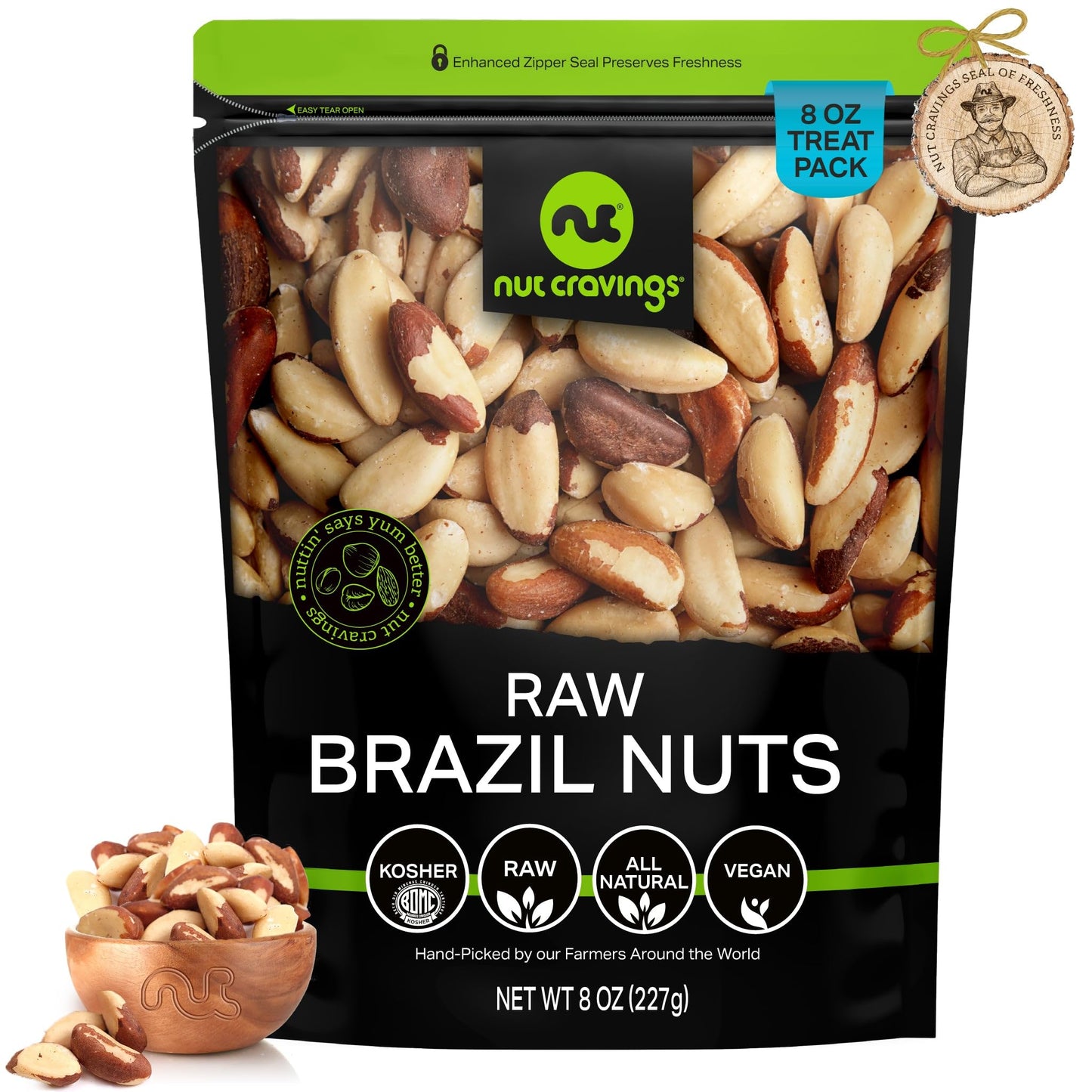 Nut Cravings Raw Brazil Nuts, Unsalted, Whole, 8oz Resealable Bag, Keto Vegan Snack