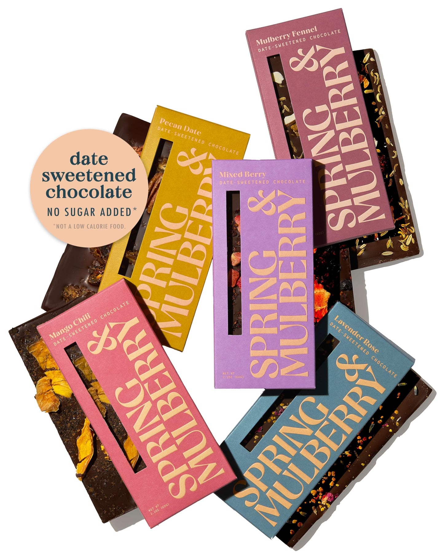 Spring & Mulberry Date-Sweetened Chocolate - 5-Bar Embellished Pack, Flavors with Fruits, Nuts, Spices & Essential Oils for the 