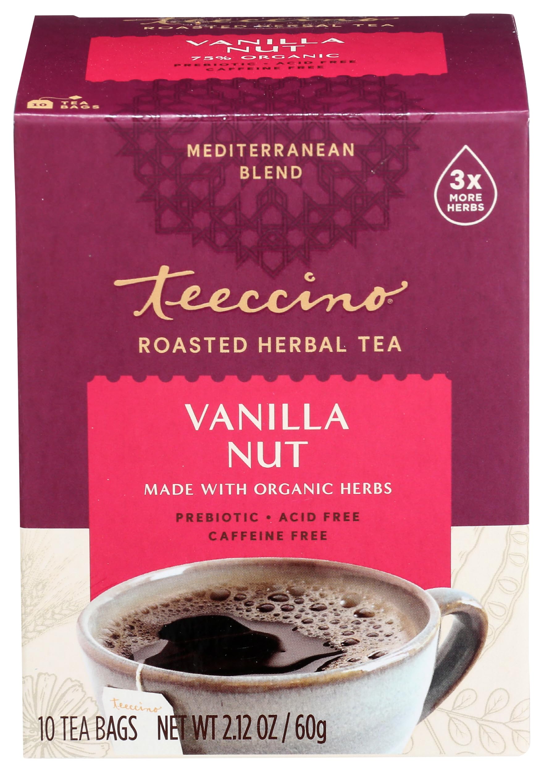 Teeccino Vanilla Nut Herbal Tea - Caffeine Free, Prebiotic, 10 Count, Model 48250TEEC-EA