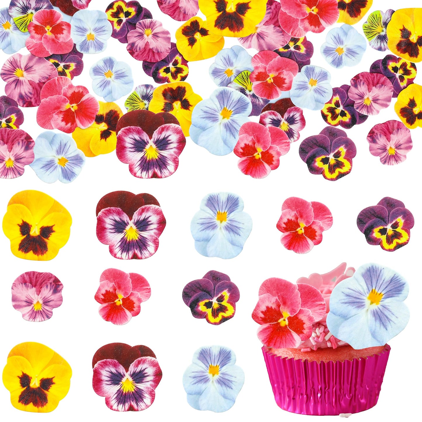 Ephlyn 64Pcs Edible Flower Cupcake Toppers Spring Bridal Engagement Baby Shower Birthday Party Cupcake Picks Anniversary Party D