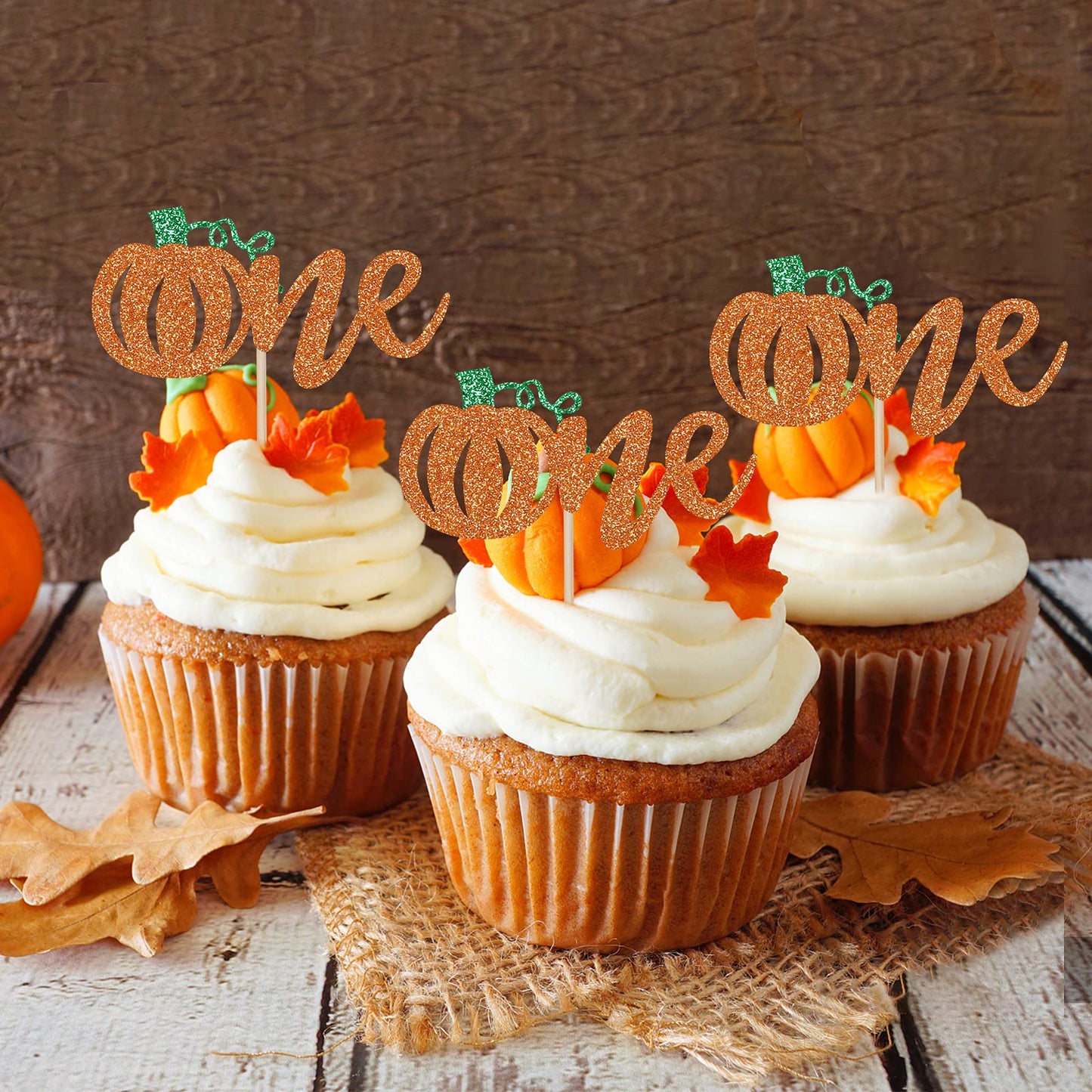 24Pcs Orange Glitter Pumpkin One Cupcake Toppers, Little Pumpkin 1St Birthday Cupcake Toppers One Pumpkin Cupcake Picks For Firs
