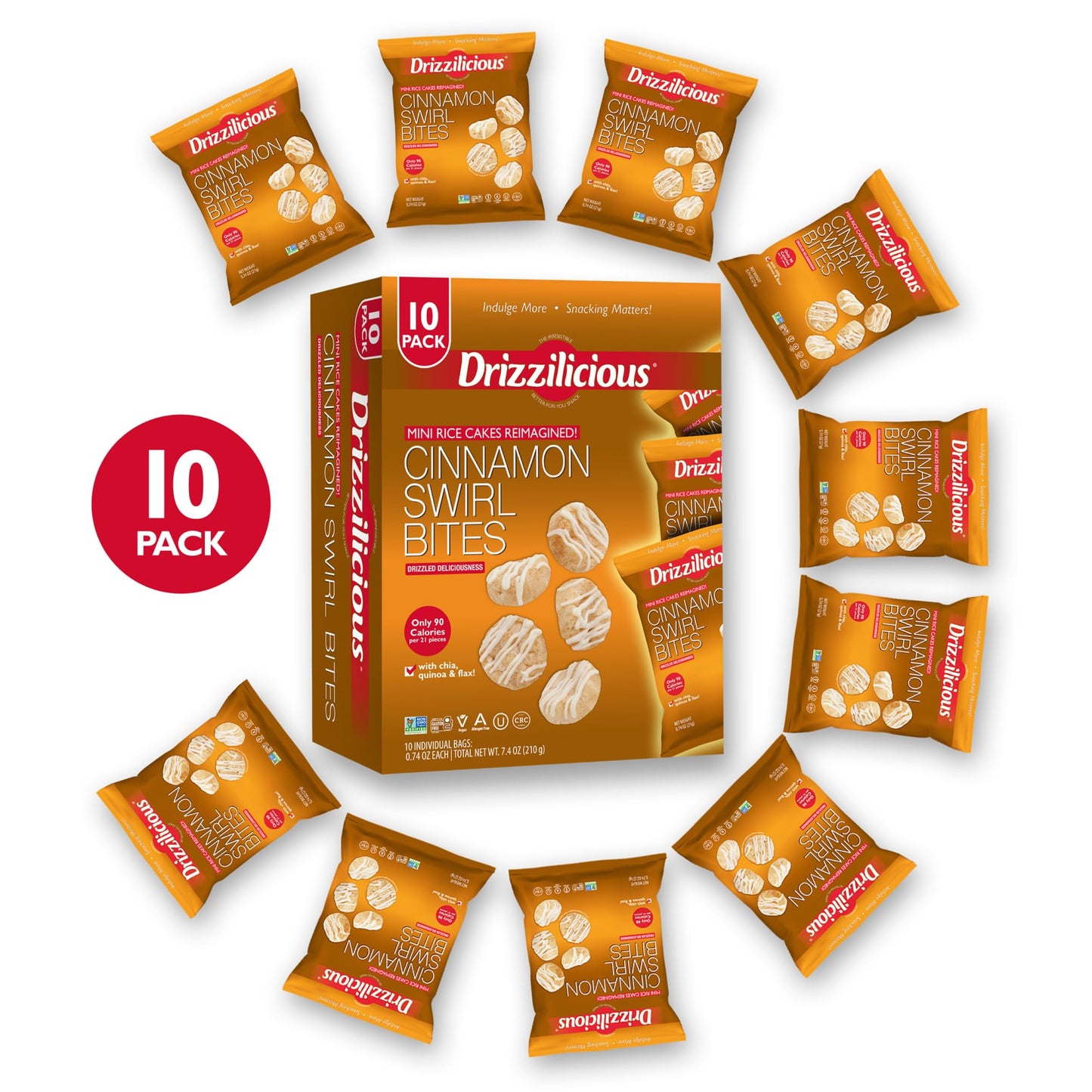 Drizzilicious Mini Rice Cakes, Cinnamon Swirl, Vegan, Gluten Free, 0.74 oz (Pack of 10)