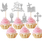 ZHUOWEISM Cupcake Toppers, 36 PCS Glitter Dove Cross, First Communion Theme, Small, Silver, Bamboo Material