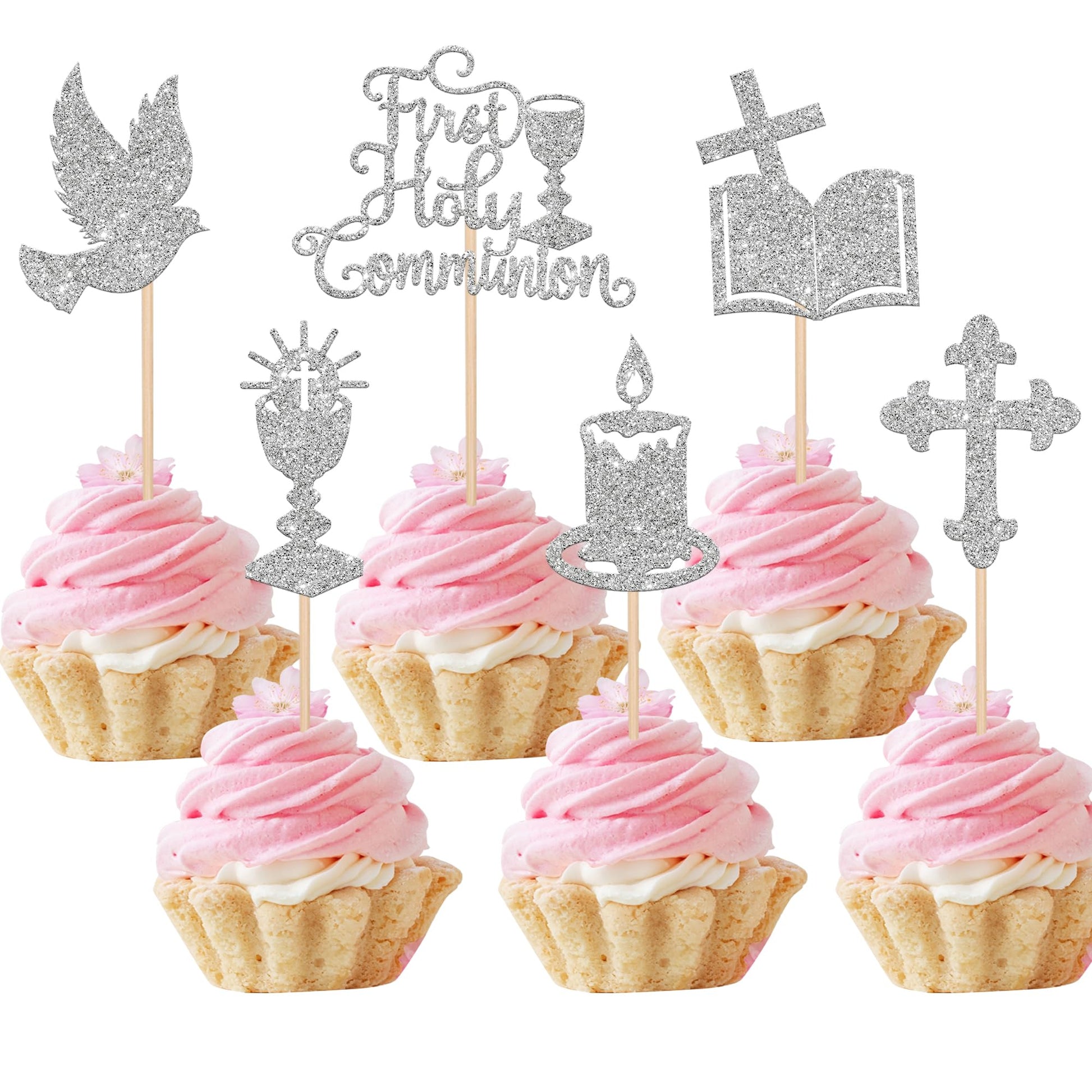 ZHUOWEISM Cupcake Toppers, 36 PCS Glitter Dove Cross, First Communion Theme, Small, Silver, Bamboo Material