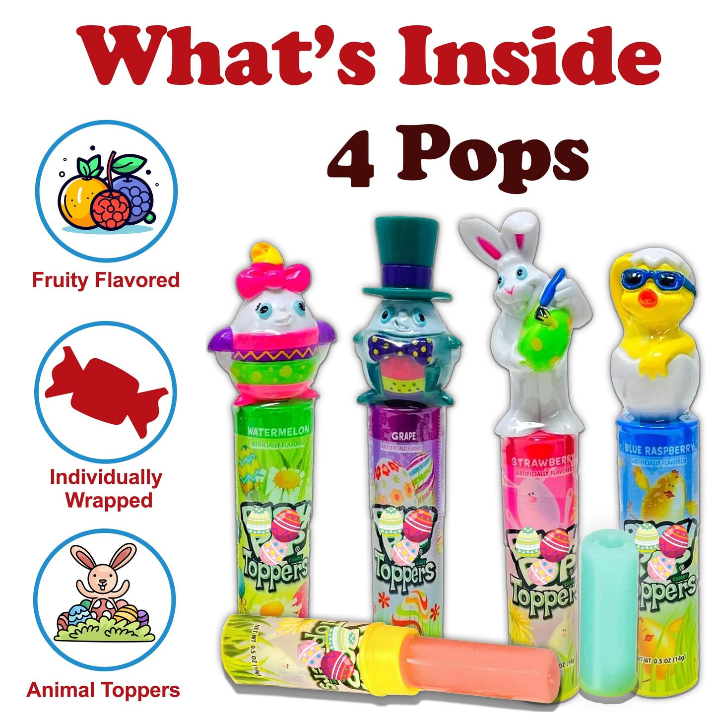 Push Pops Candy Lollipops, 4 Count Individually Wrapped With Assorted Toppers, Chick, Egg And Bunny, Assorted Fruit Flavors, Var