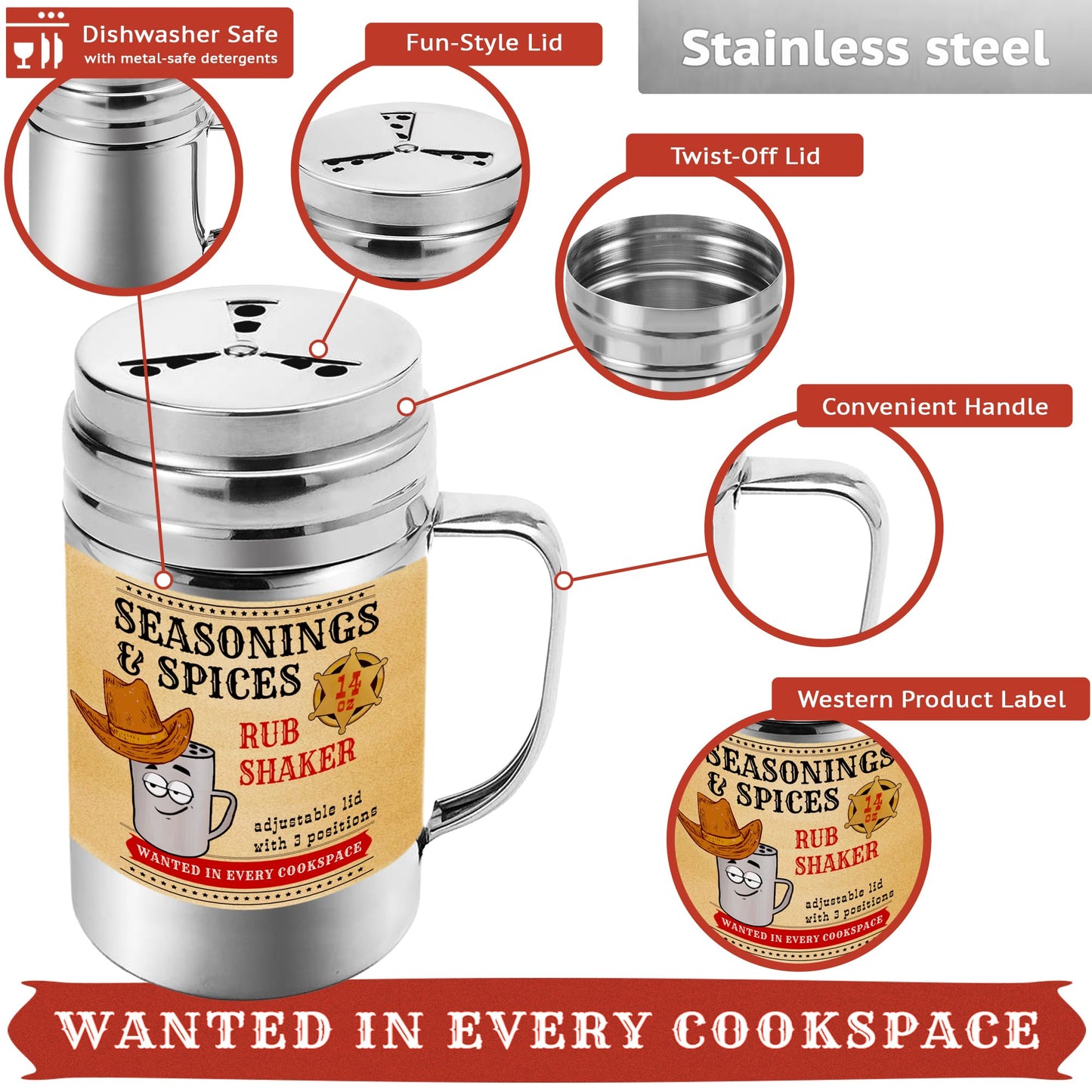CUSINIUM Spice Shakers Set - Pack of 6, 14 oz BBQ Dry Rub Shakers with Adjustable Fan-Style Lid and Handles
