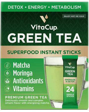 VitaCup Green Tea Instant Packets - Matcha, Moringa, B Vitamins, 24 Count