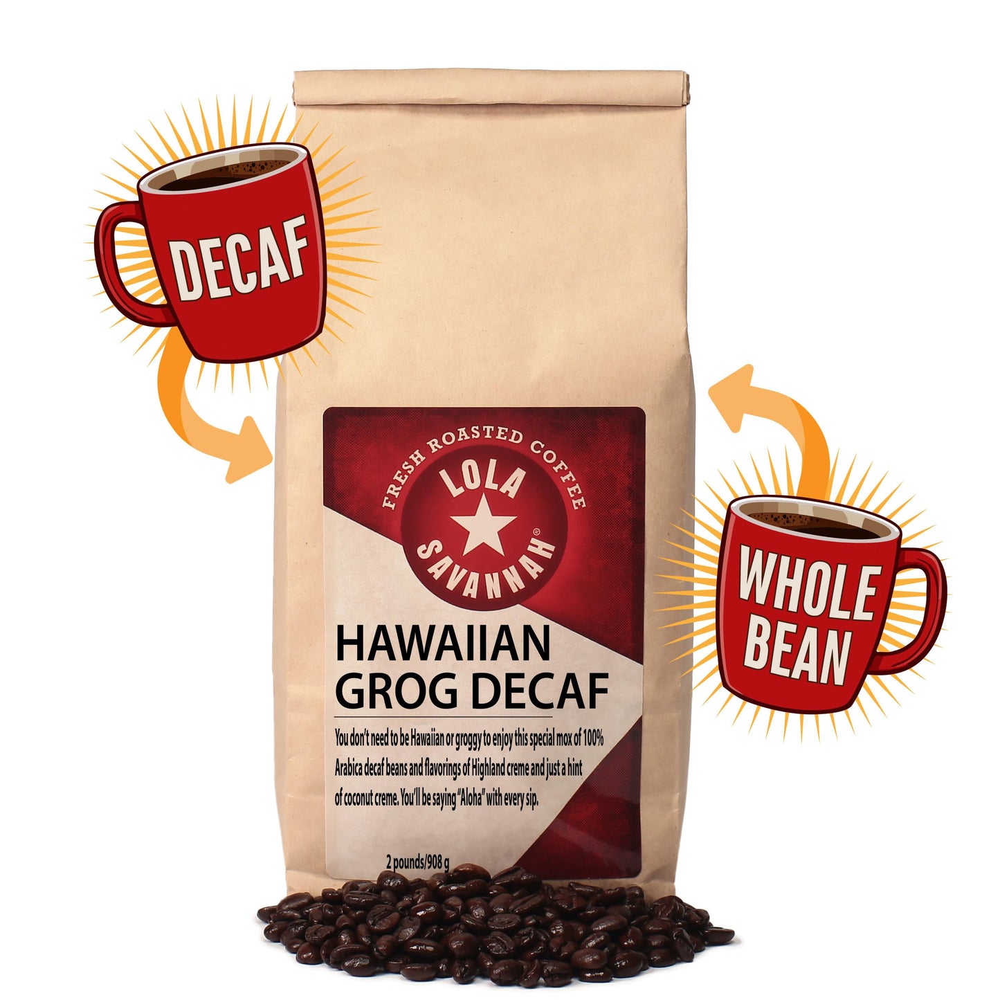 Lola Savannah Hawaiian Grog Whole Bean Decaf Coffee, 2lb