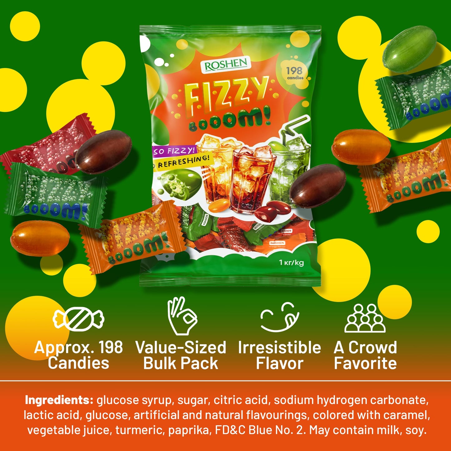 Roshen Fizzy Boom Candy - 2.2 lb Bulk Bag of Fizzy Hard Candies  Assorted Zesty Orange  Cola & Lemon-Lime Flavors - Retro Sour Candy  Individually Wrapped  Kosher  Halal  Hard Candy with Fizzy Center