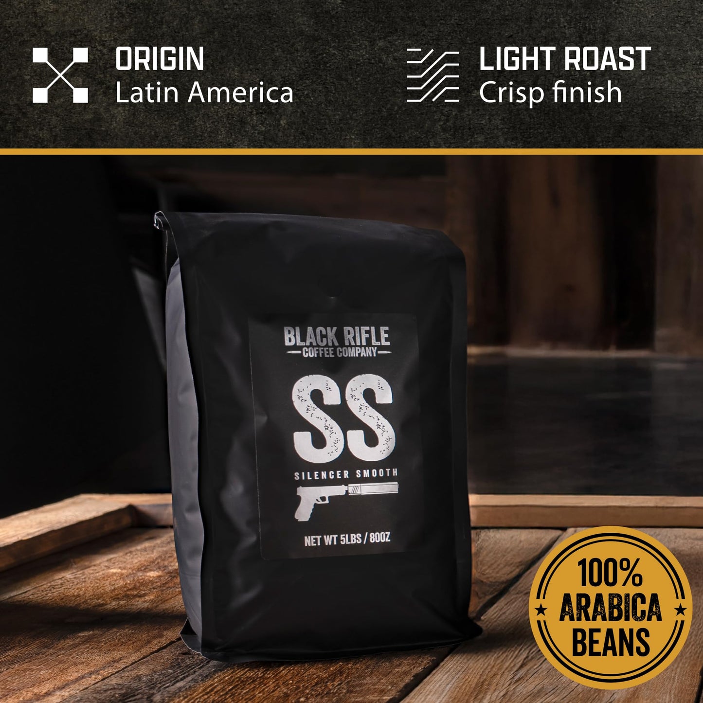 Black   Coffee Company Silencer Smooth, 5 Lb Bag, Ground Coffee Light Roast - Roasted Blend Made From Arabica Beans - Colombian & Brazilian Beans - Veteran Founded & American Made