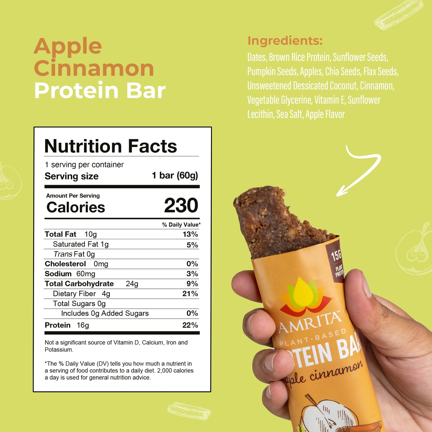 Amrita Apple Cinnamon Vegan Protein Bars, 15g Plant-Based Protein, Gluten-Free, 12 Count (Pack of 3)