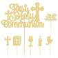 Gyufise 25Pcs First Holy Communion Cupcake Toppers Gold Glitter First Communion Cake Topper God Bless Dove Cross Cupcake Picks G