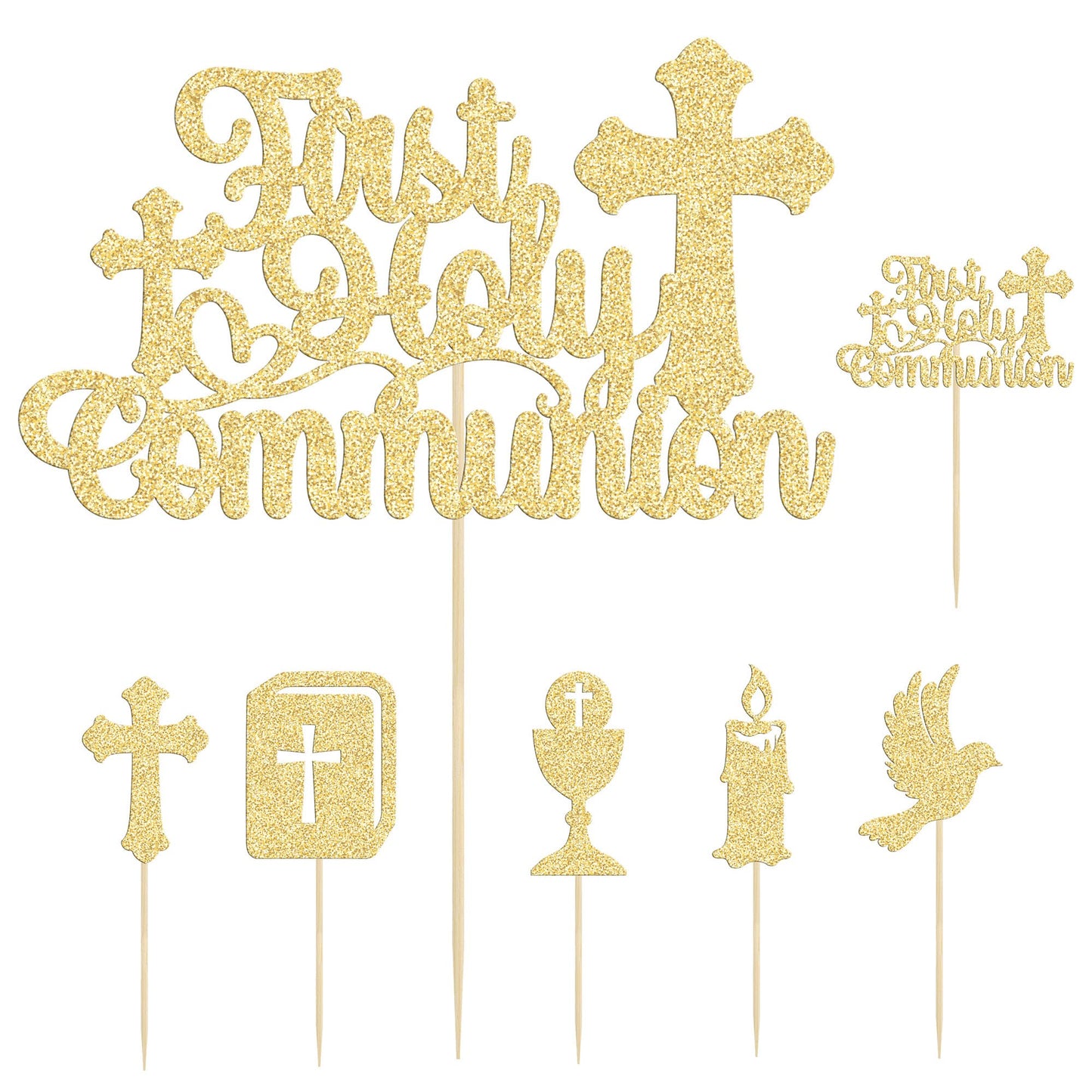 Gyufise 25Pcs First Holy Communion Cupcake Toppers Gold Glitter First Communion Cake Topper God Bless Dove Cross Cupcake Picks G