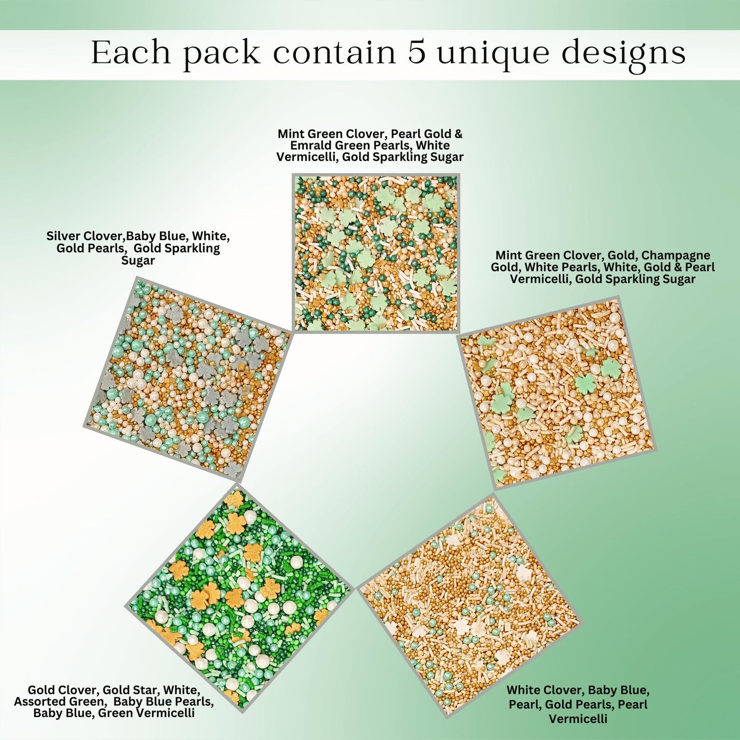 Confect St. Patricks Green & Gold Leaf Sprinkles | White Pearl Sprinkles | Gold Star Sprinkles | Edible Sprinkles | Sprinkles Fo