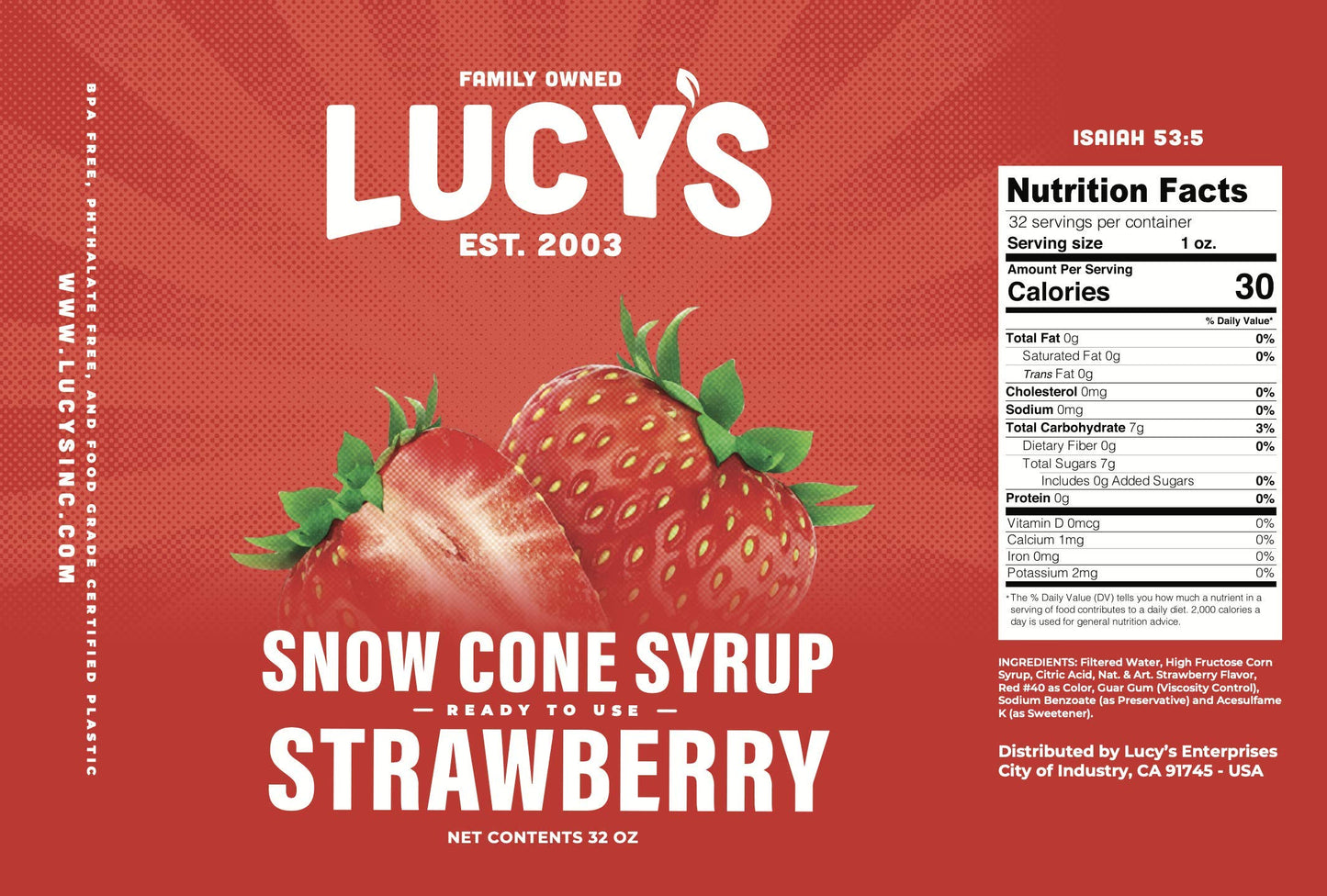 Lucys Shaved Ice Snow Cone Syrup - Strawberry - 32 oz Bottle - Perfect for Summer