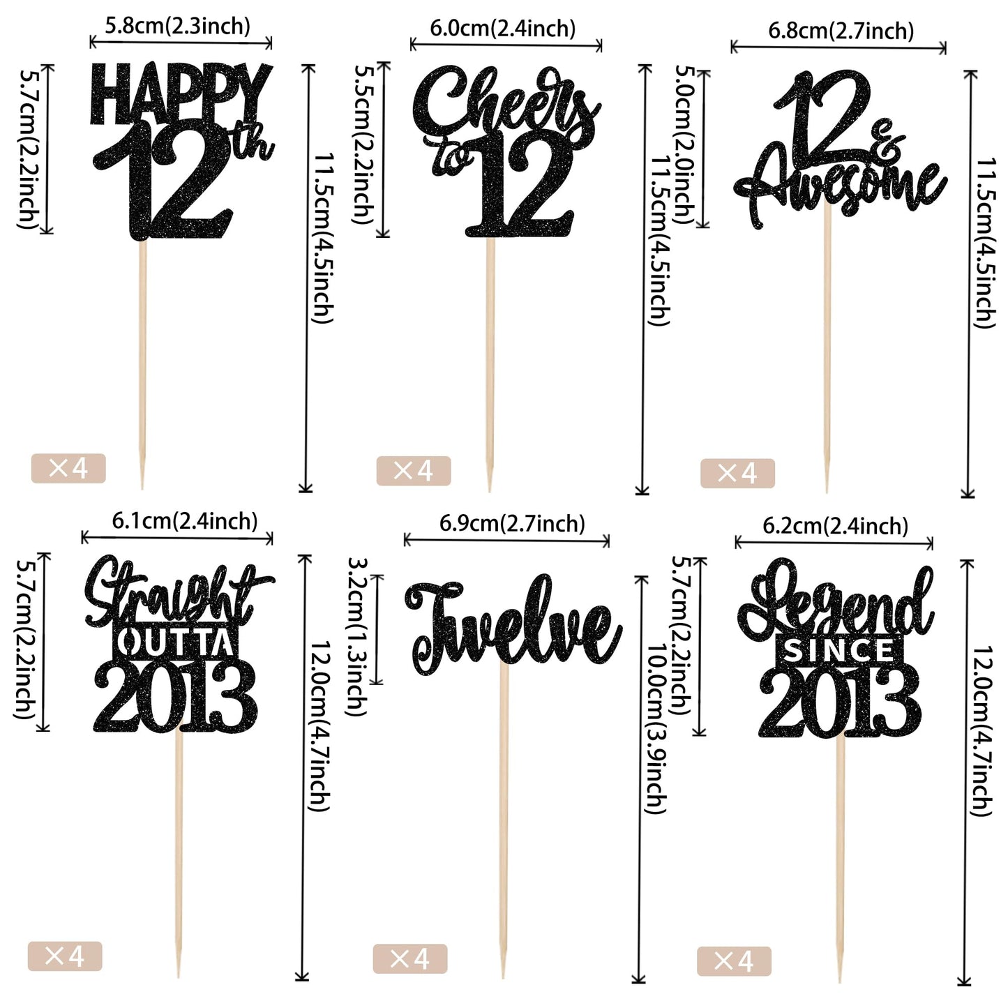 24Pcs Black 12Th Birthday Cupcake Toppers Twelve Happy 12Th Official Teenager Straight Outta 2013 Cupcake Picks Cheers To 12 Len