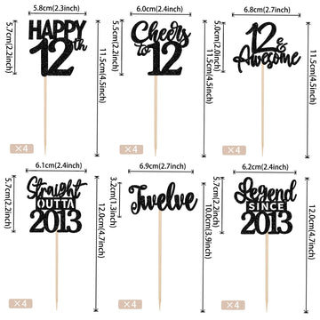 24Pcs Black 12Th Birthday Cupcake Toppers Twelve Happy 12Th Official Teenager Straight Outta 2013 Cupcake Picks Cheers To 12 Len