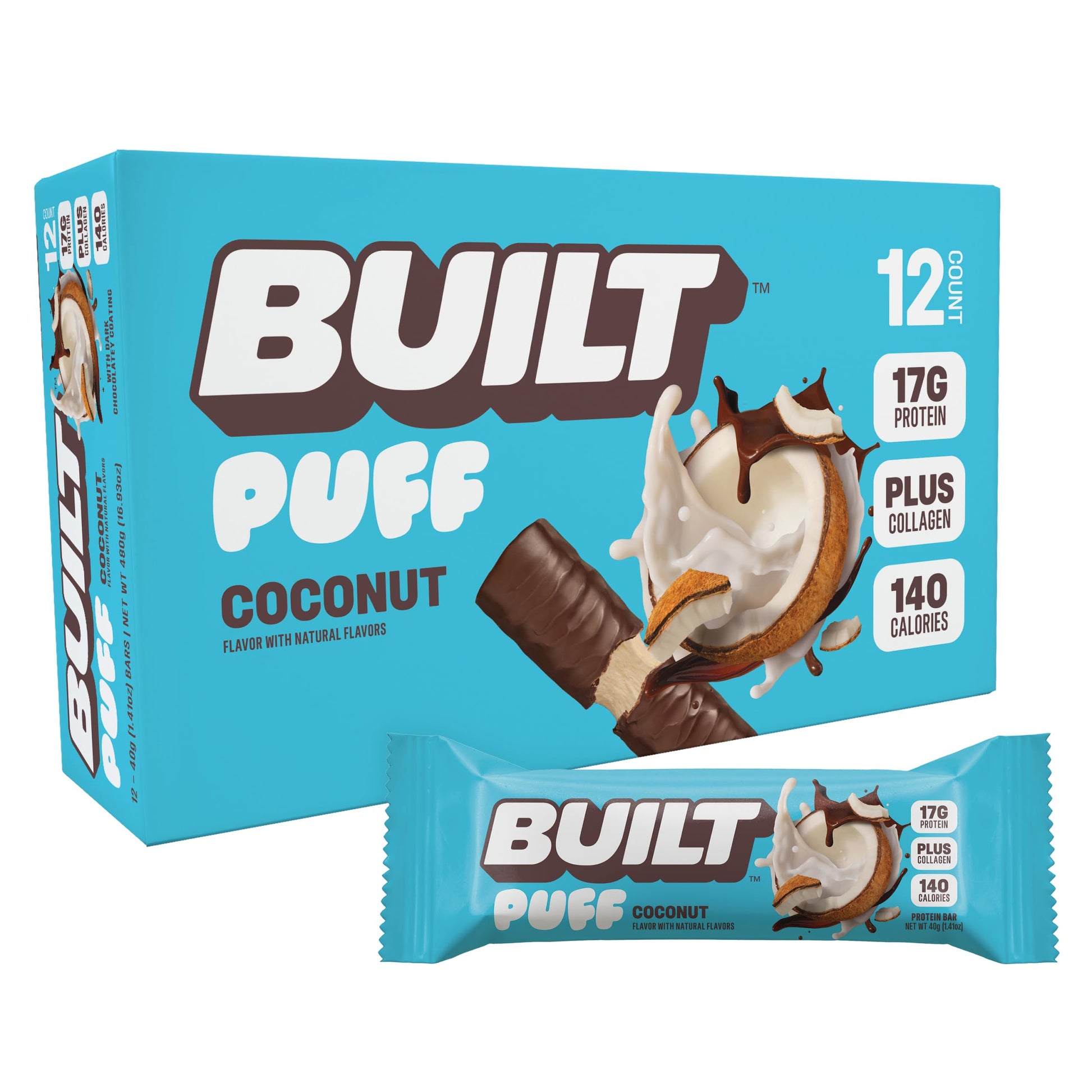 Built Bar, Puff Protein Bars, Coconut Puff, 17G Protein Snacks, On-The-Go Bars, Only 140 Calories, 6G Sugar, Collagen, Gluten Free, 12 Count