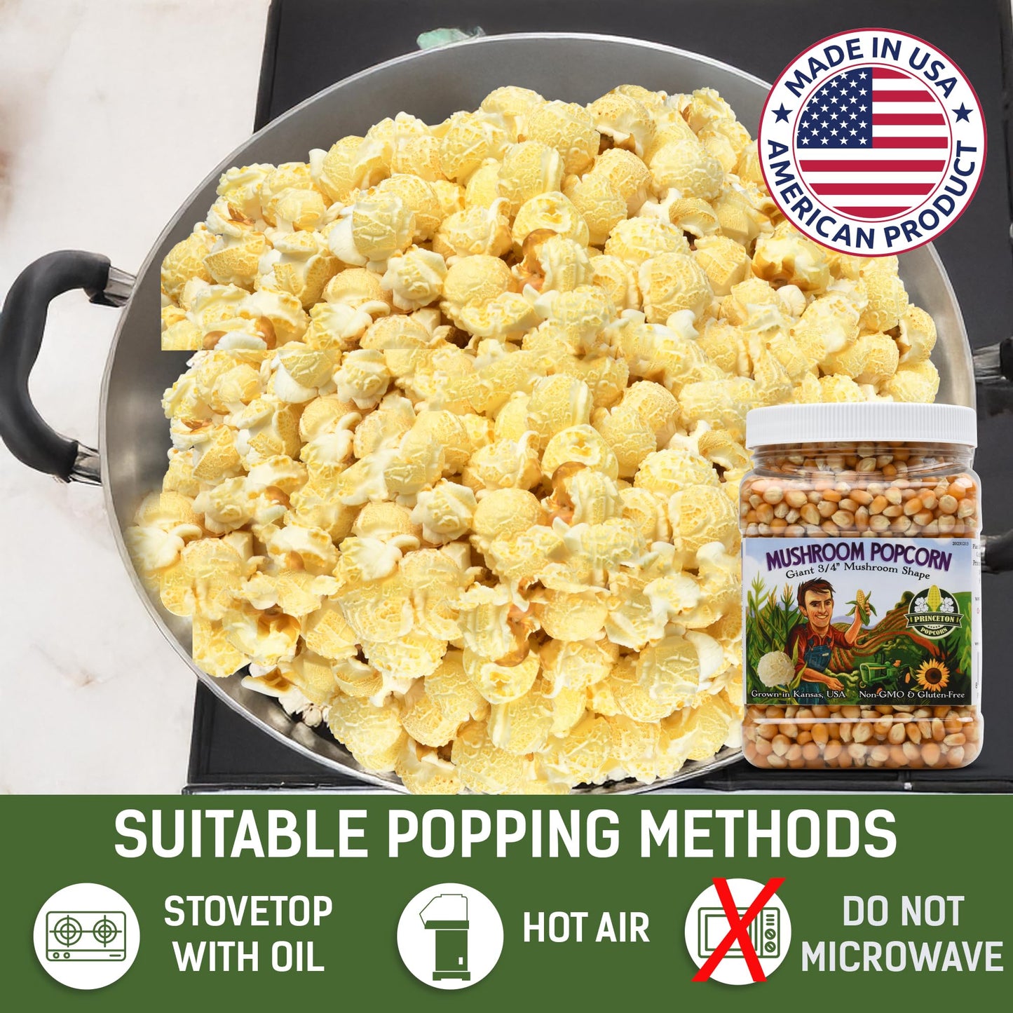 Mushroom Popcorn Kernels By Princeton Popcorn - Farmer Direct, Non-Gmo, Gluten Free, Unpopped, Ball Shaped, Old Fashion Popcorn