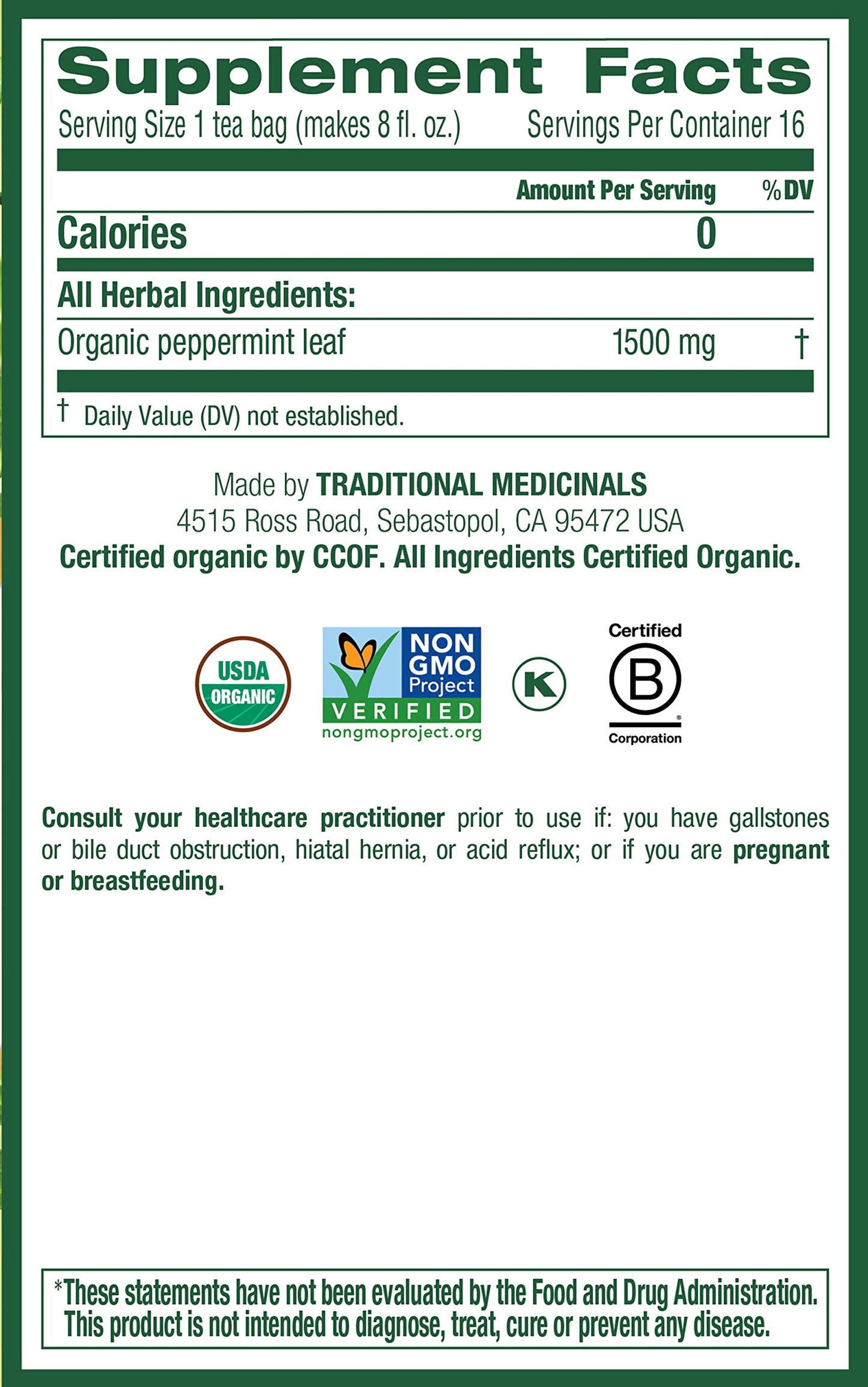 Traditional Medicinals Organic Peppermint Herbal Tea - 16 Tea Bags, Alleviates Digestive Discomfort, Pack of 1, Model 02271401