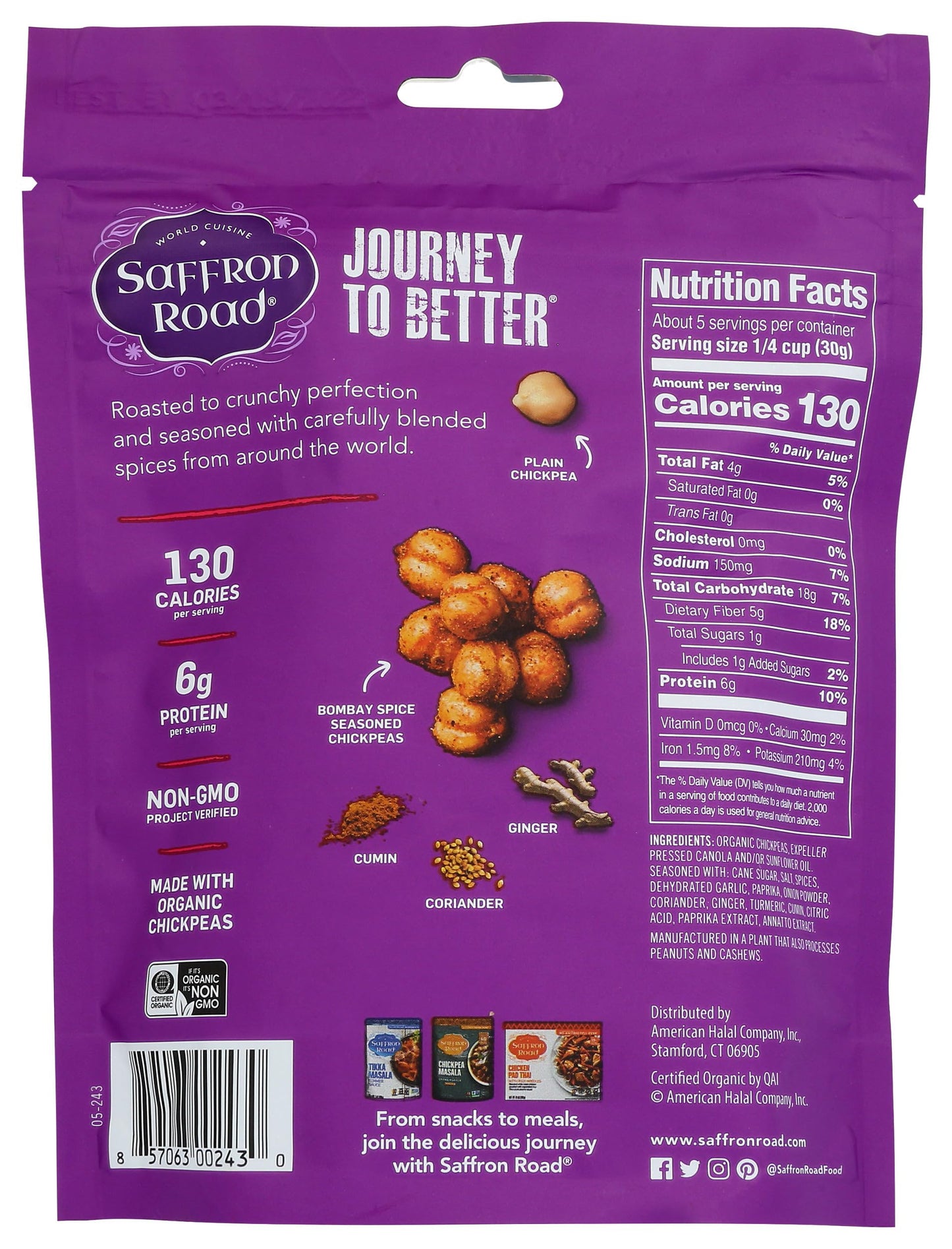 Saffron Road  Ay Spice Crunchy Chickpea Snack, 6Oz - Gluten Free, Non-Gmo, Halal, Kosher, Vegan
