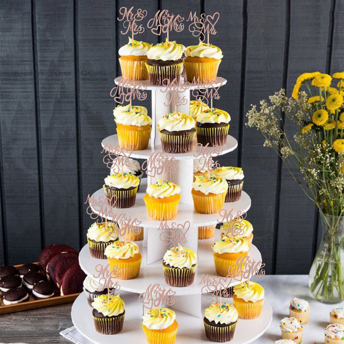 24 Pcs Mr & Mrs Cupcake Toppers Glitter Love Heart Wedding Engagement Cupcake Picks For Bridal Shower Birthday Party Cake Decora