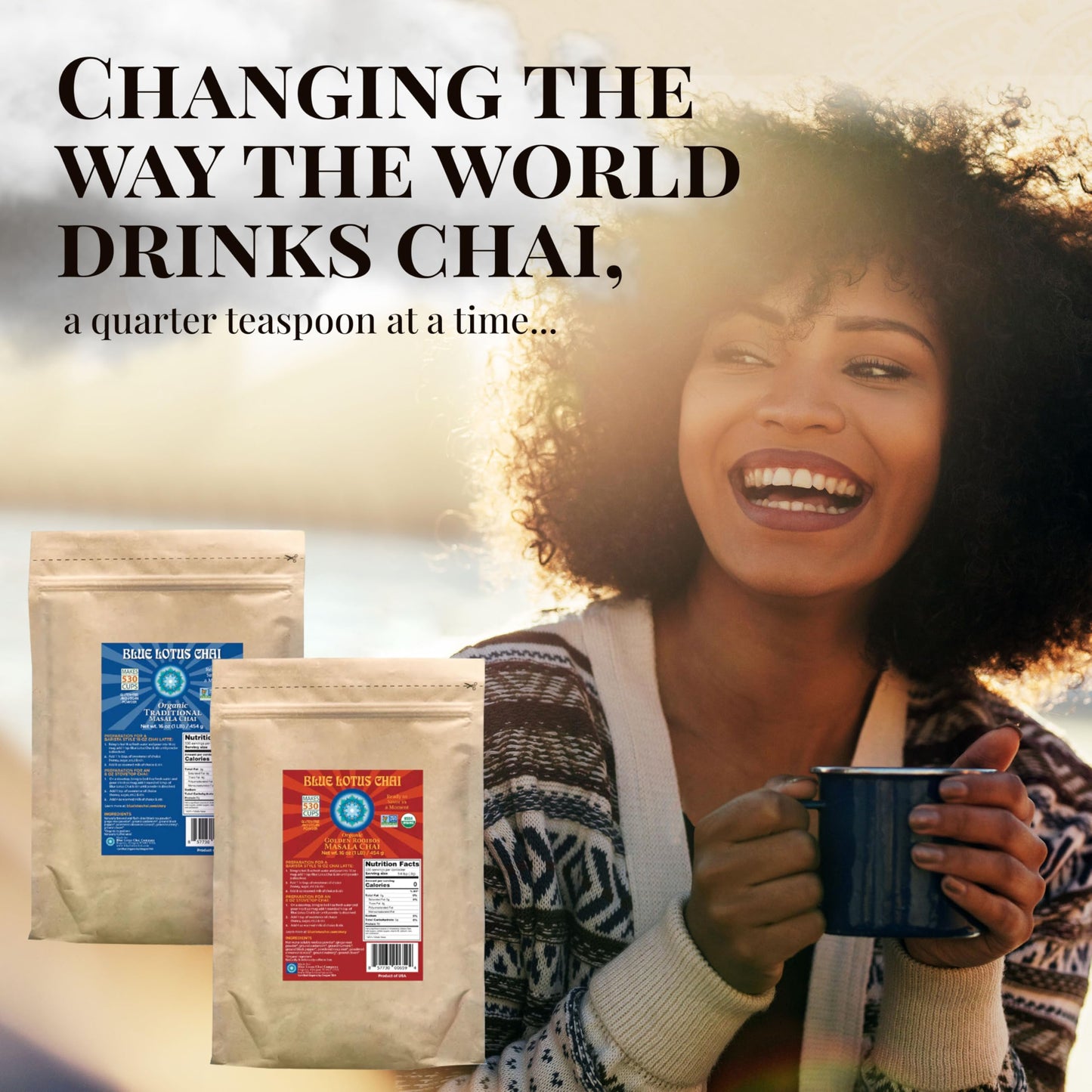Blue Lotus Chai - Fully Organic Traditional Masala Chai - Makes 530 Cups - 1 Pound Bulk Bag Masala Spiced Chai Powder With Organ