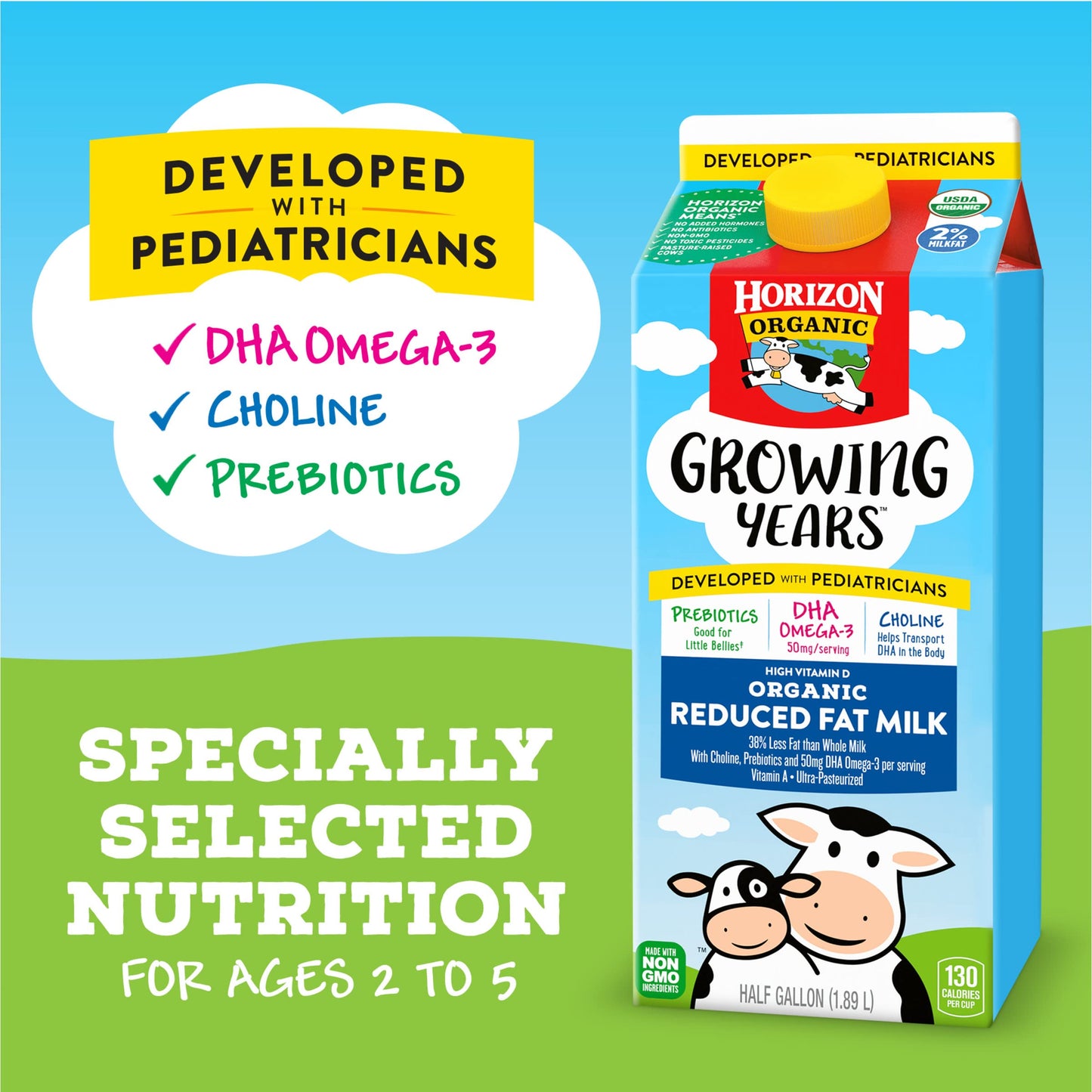 Horizon Organic Growing Years 2% Milk, High Vitamin D Reduced Fat Milk for Growing Kids with DHA Omega-3, Choline, and Prebiotic