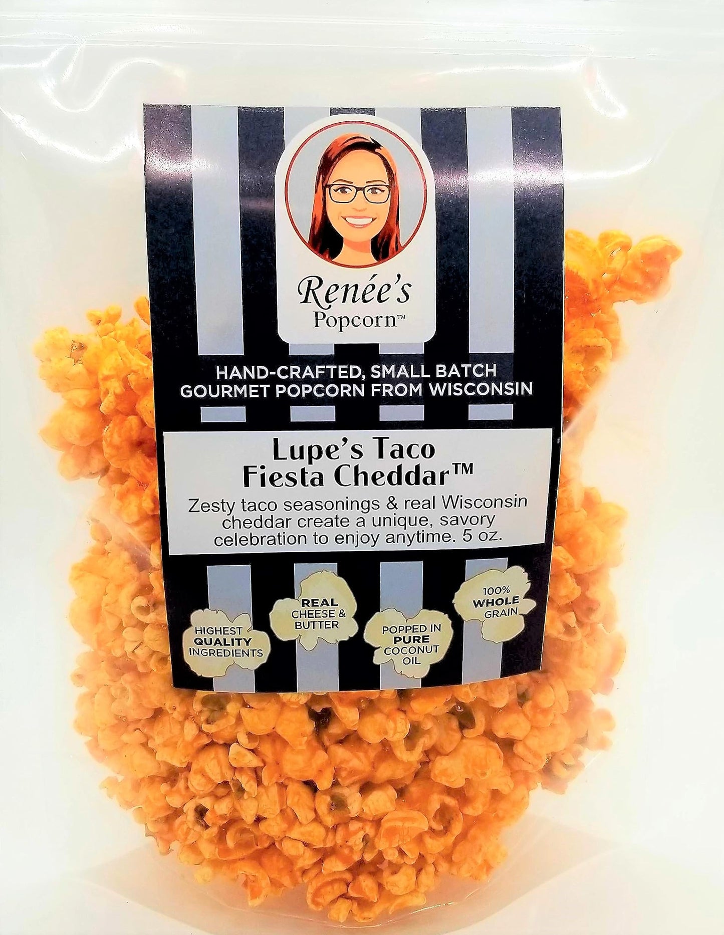 Ren  es Lupes Taco Fiesta Gourmet Popcorn - real Wisconsin cheddar cheese, zesty taco seasonings are savory on fresh popped corn