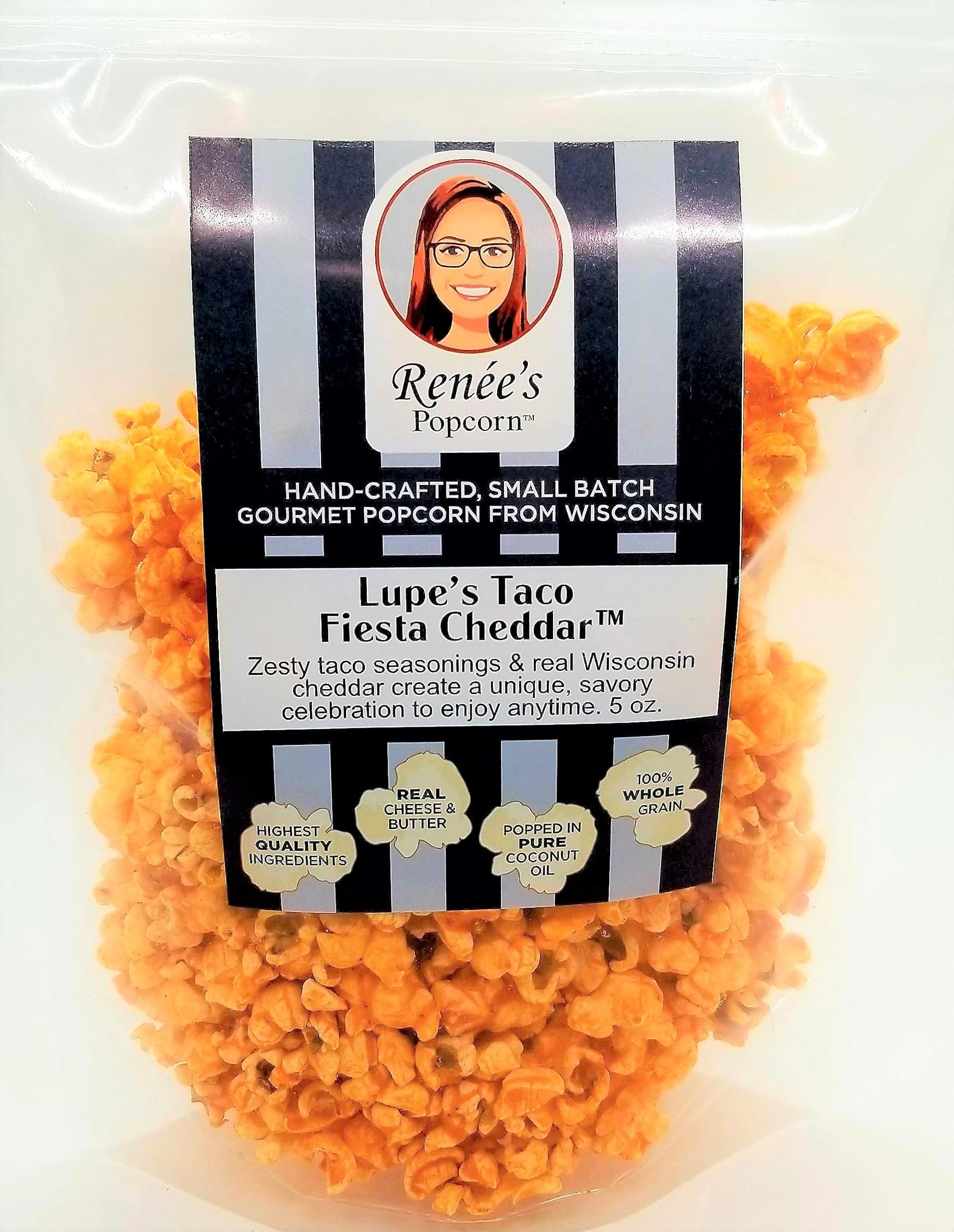 Ren  es Lupes Taco Fiesta Gourmet Popcorn - real Wisconsin cheddar cheese, zesty taco seasonings are savory on fresh popped corn