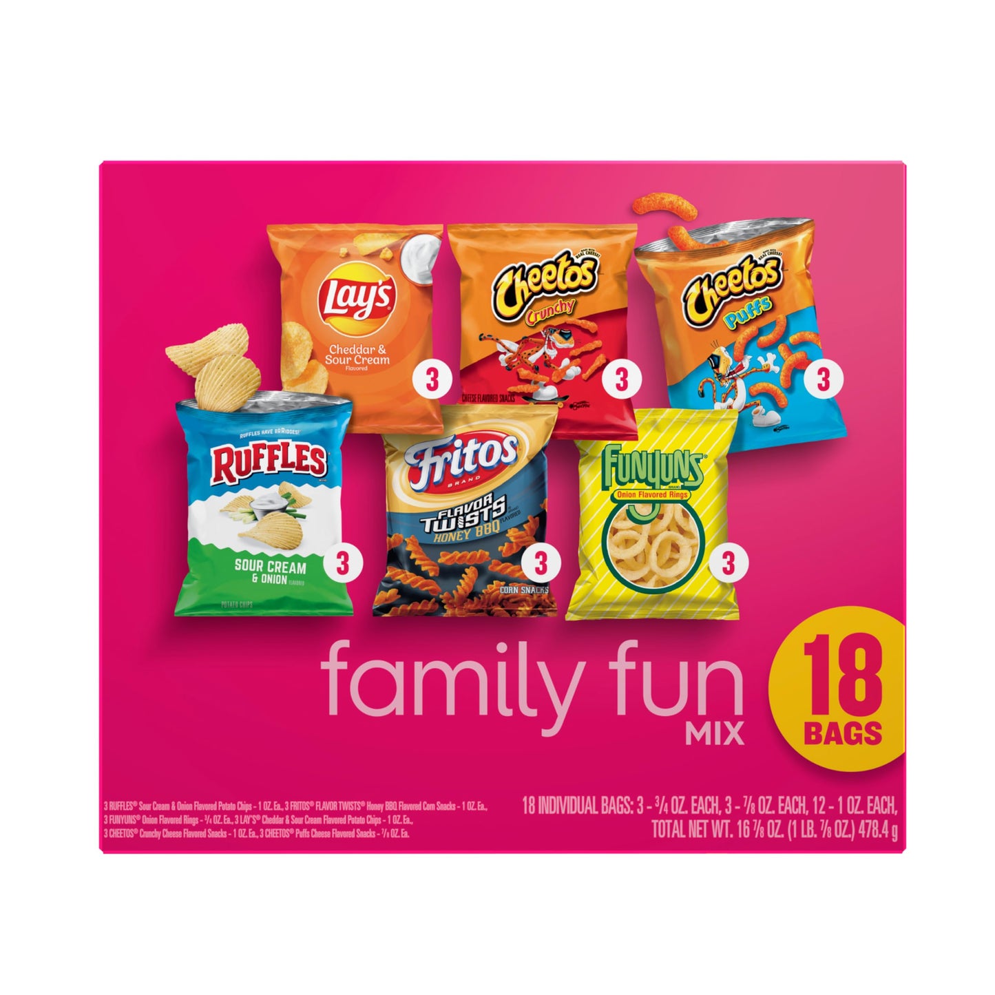 Frito-Lay Snacks Family Fun Mix Chips Variety Pack  Ruffles  Fritos  Cheetos  Lays  Funyuns 18 Count(Pack of 1)(Assortment May Vary)