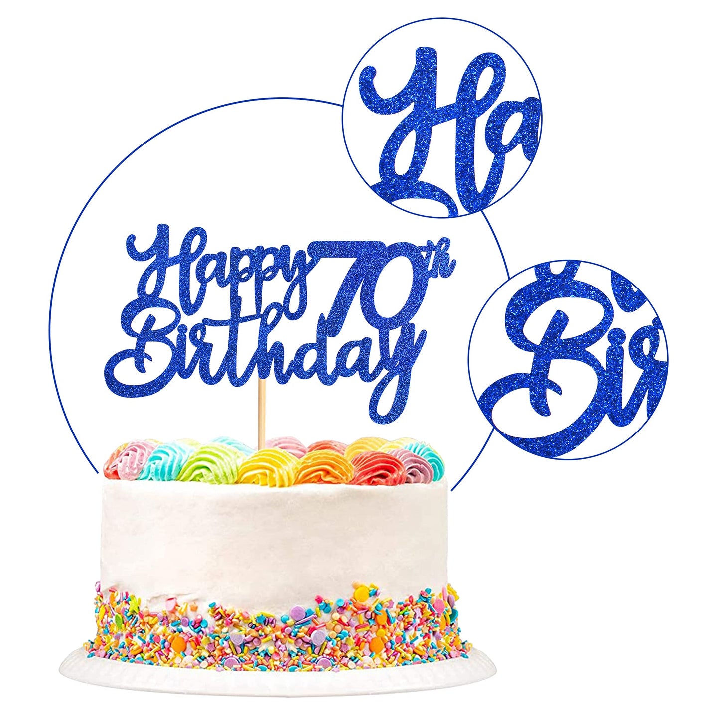 UNIMALL Cake Topper for 70th Birthday, Medium Size, Blue Glitter Paper Decorations