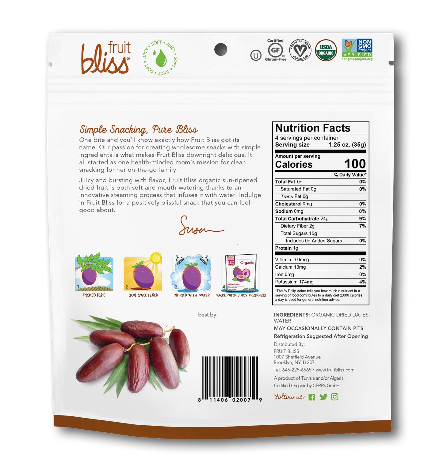 Fruit Bliss Organic Deglet Nour Pitted Dates - Soft & Juicy Dried Fruit Snacks, Resealable Pouch, 5 oz, Model FBL-004