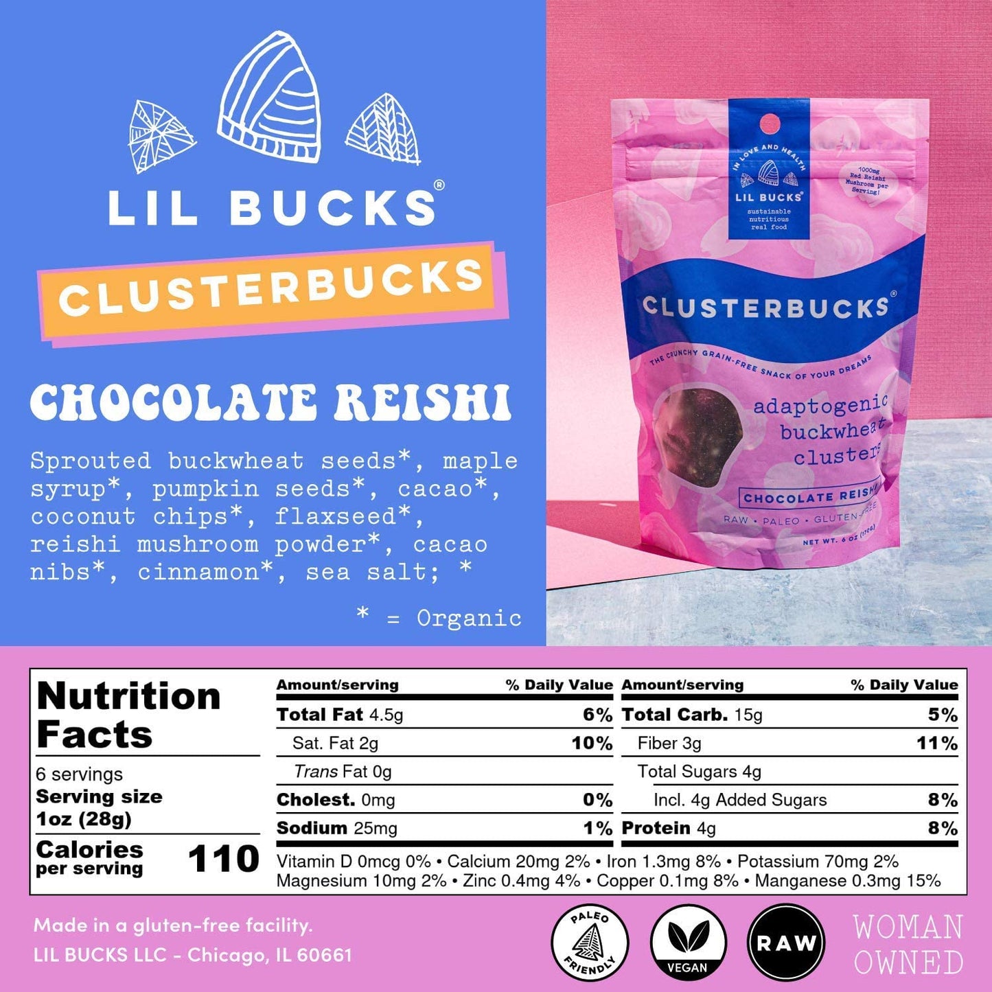 Lil Bucks Clusterbucks Grain-Free Superfood Clusters Made With Sprouted Buckwheat And Adaptogens, Gluten Free Snack (Chocolate,