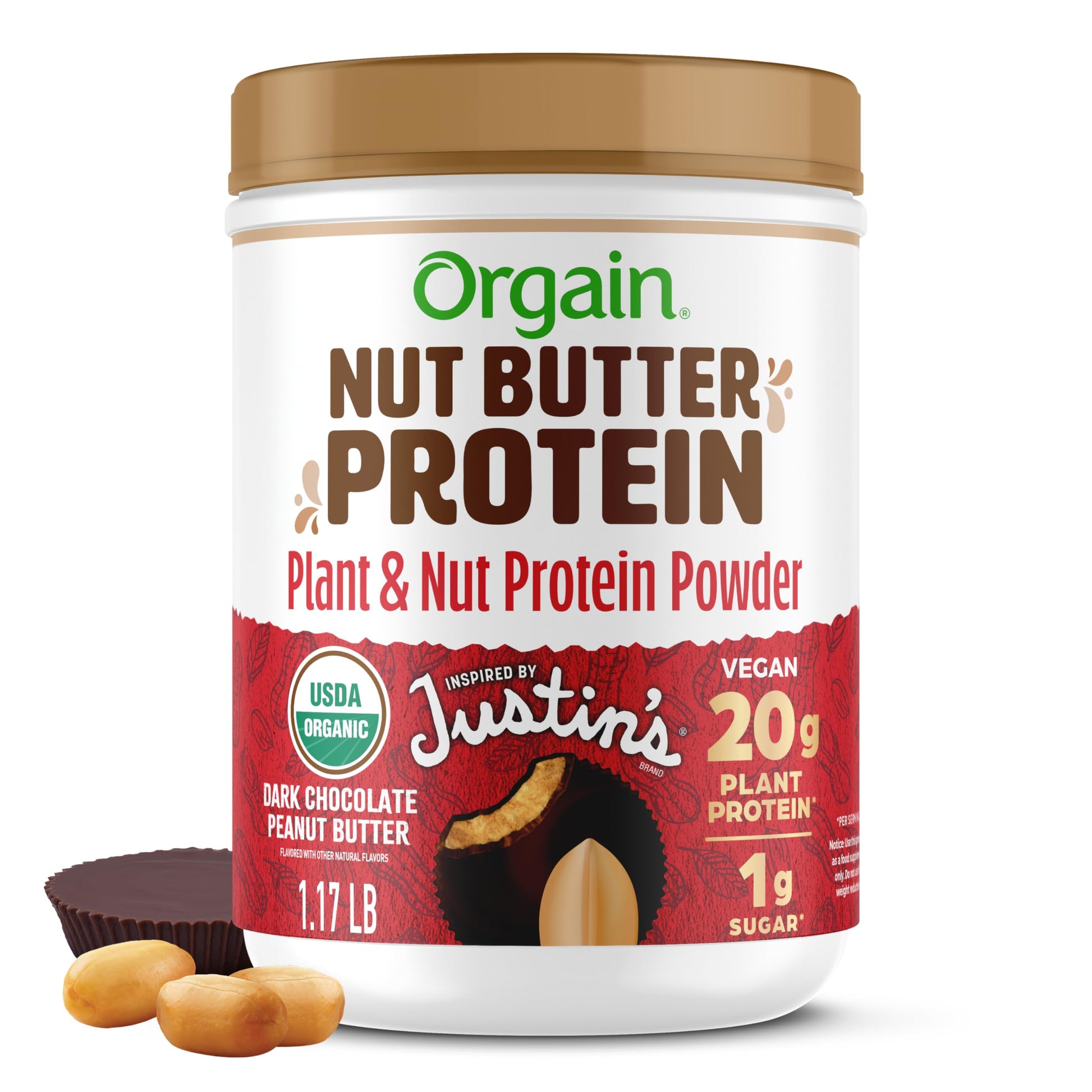 Orgain X Justin's  Organic Vegan Nut Butter Protein Powder, Chocolate Peanut Butter- 20g Plant Protein, 1g Sugar, Gluten Free, N