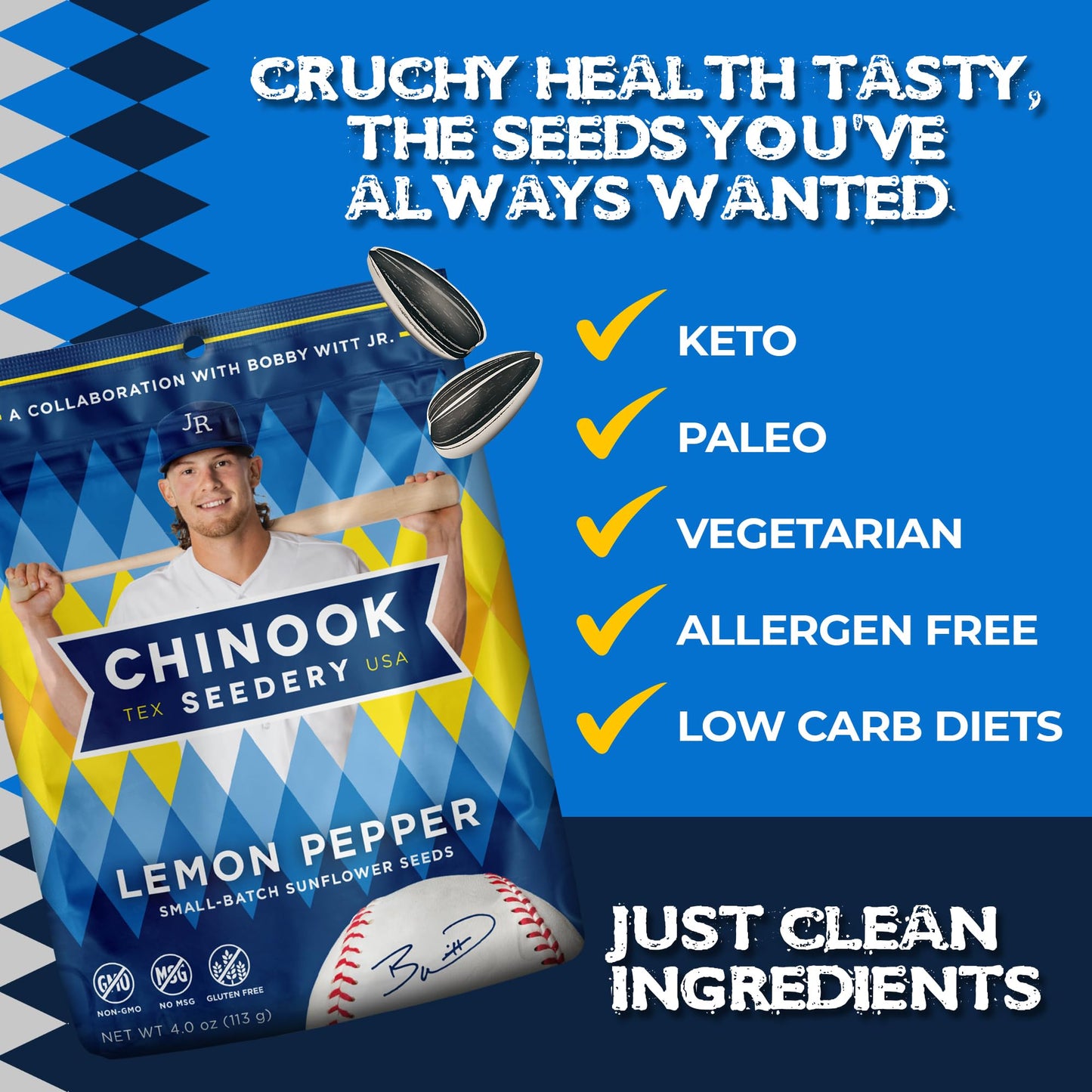 Chinook Seedery Roasted Jumbo Sunflower Seeds - Keto, Gluten-Free, Non-GMO, Lemon Pepper, 4 oz (12-Pack)