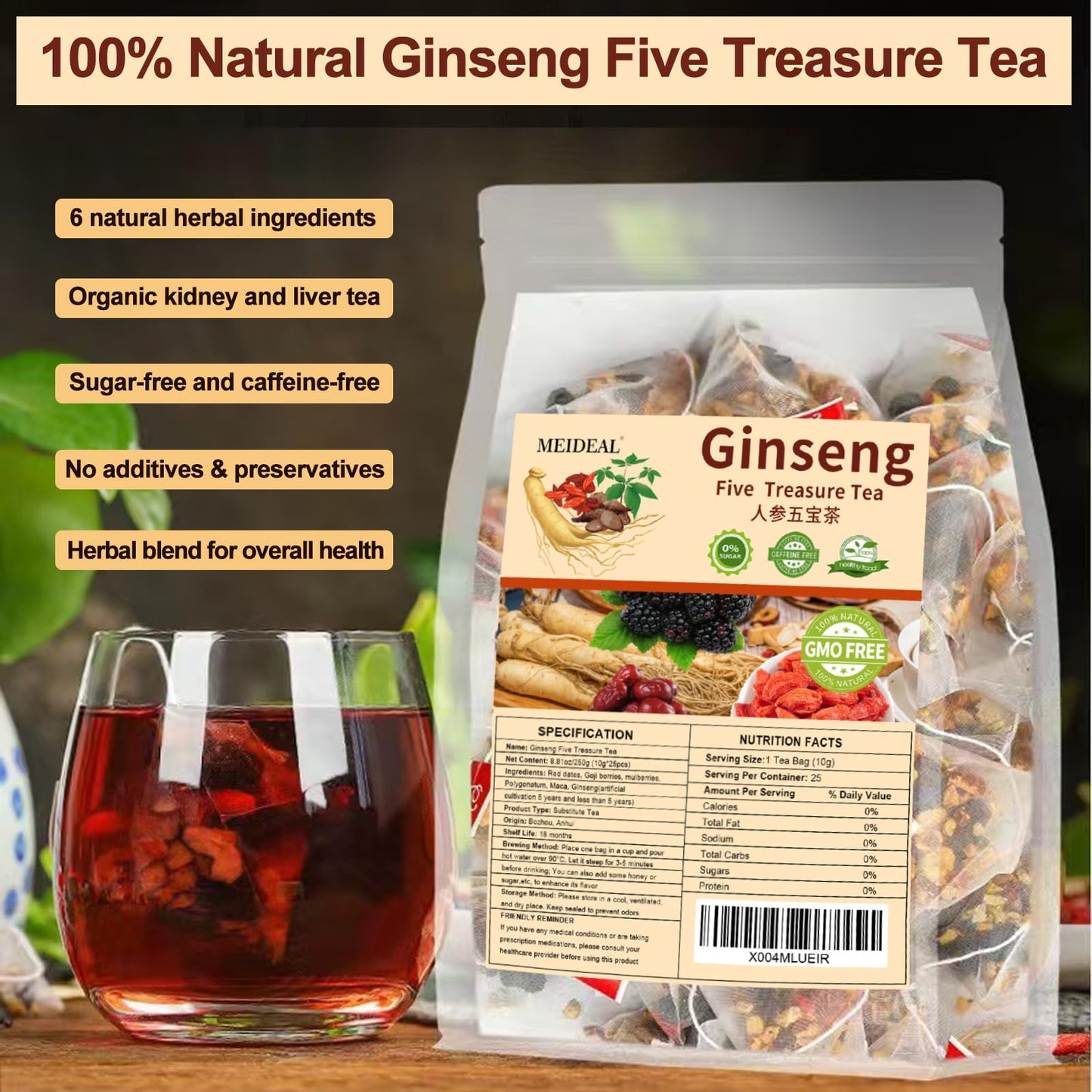 Ginseng Five Treasures Tea  Natural Kidney Tea for Women & Men  6 Precious Ingredients Blend  Organic Ginseng Six Treasures KidneyTea  Chinese Herbal Teabags (25 Pcs 1 Bag)